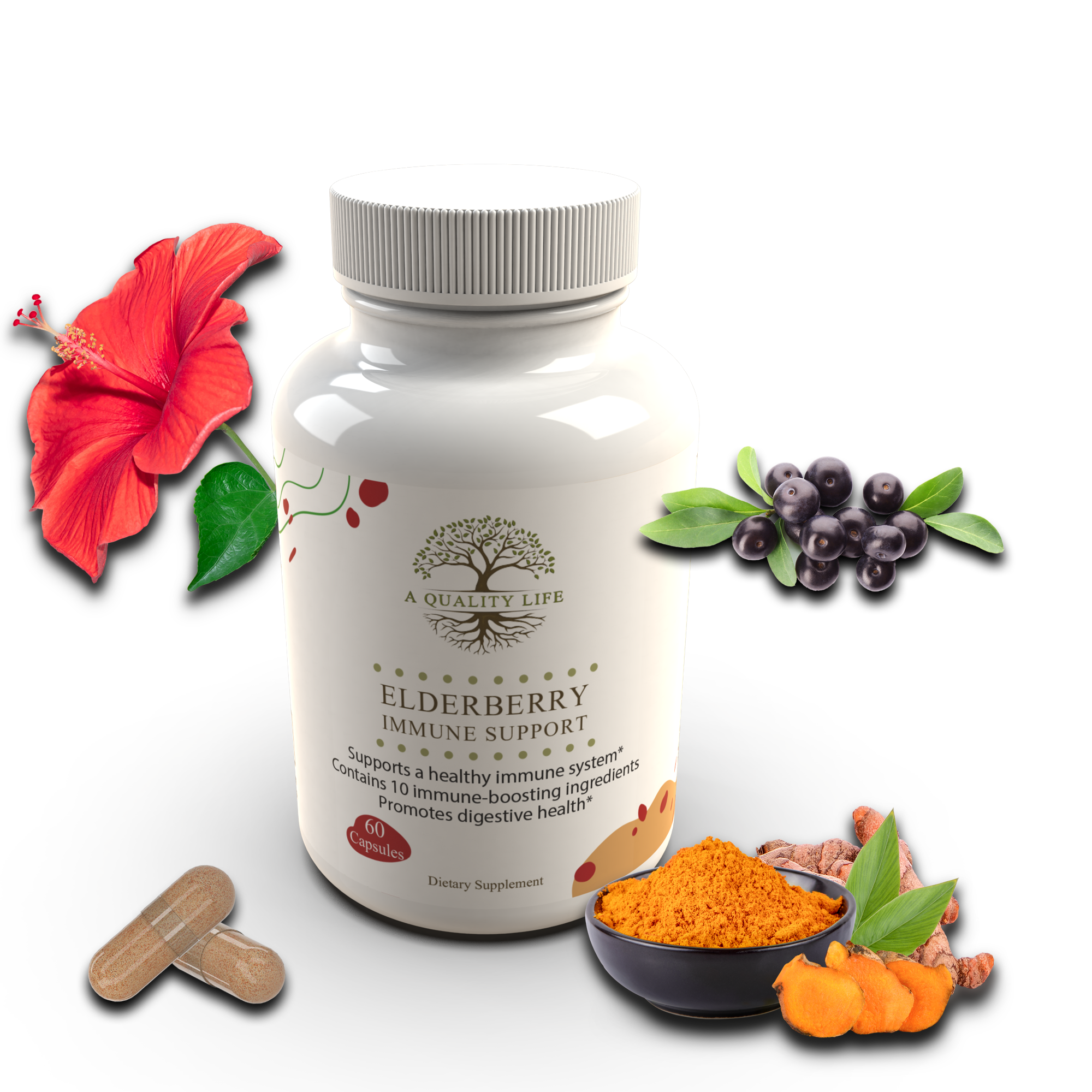 Bottle of Elderberry Immune Support supplement with ingredients on a white background