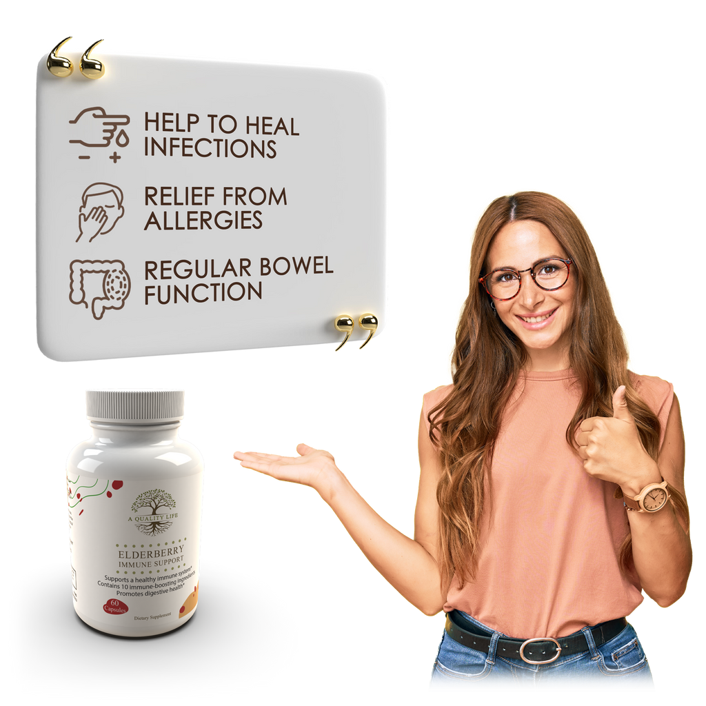 Woman pointing to a bottle of supplements with text about health benefits on a white background
