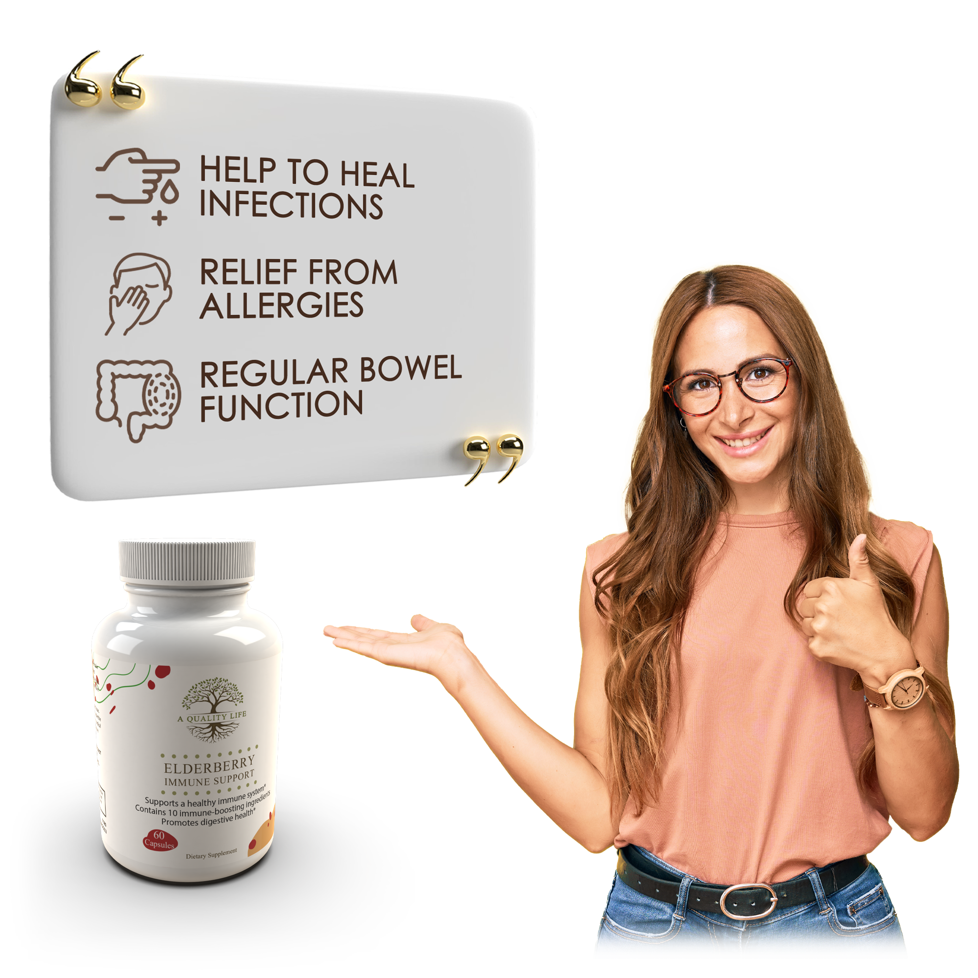 Woman pointing to a bottle of supplements with text about health benefits on a white background
