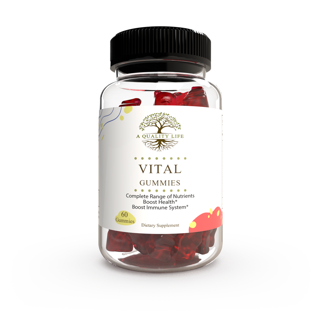 Supplement bottle labeled 'Vital Gummies' with a white background