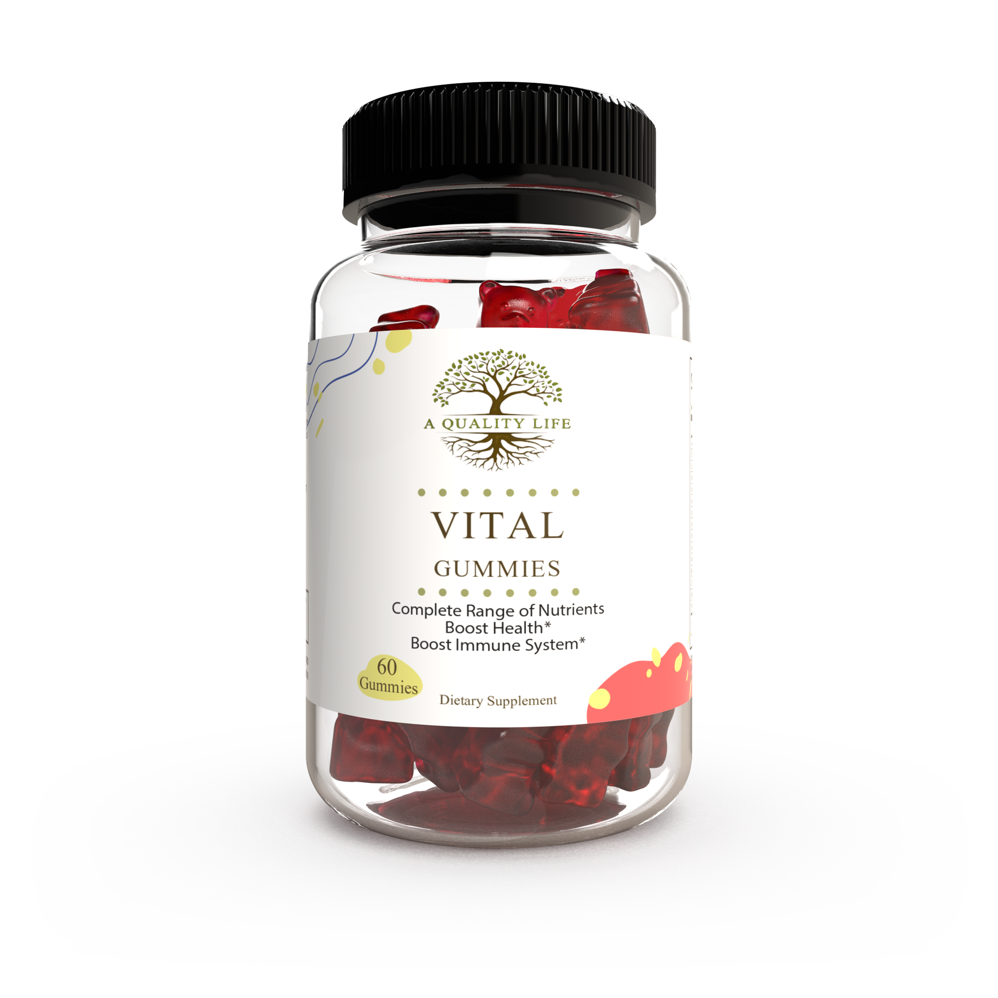 Supplement bottle labeled 'Vital Gummies' with a white background