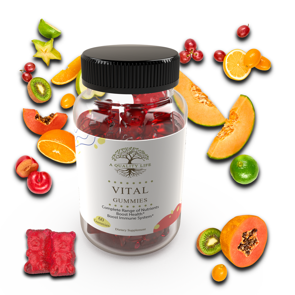 Bottle of 'Vital Gummies' surrounded by various fruits on a white background