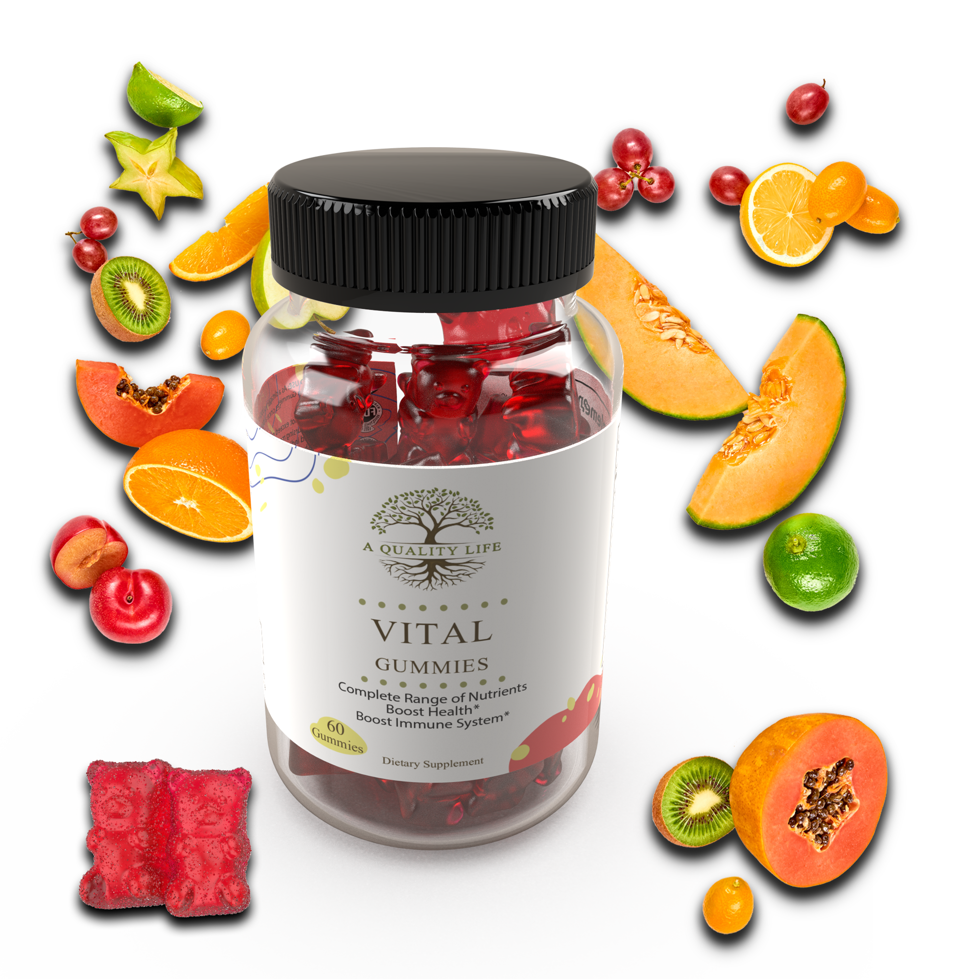 Bottle of 'Vital Gummies' surrounded by various fruits on a white background
