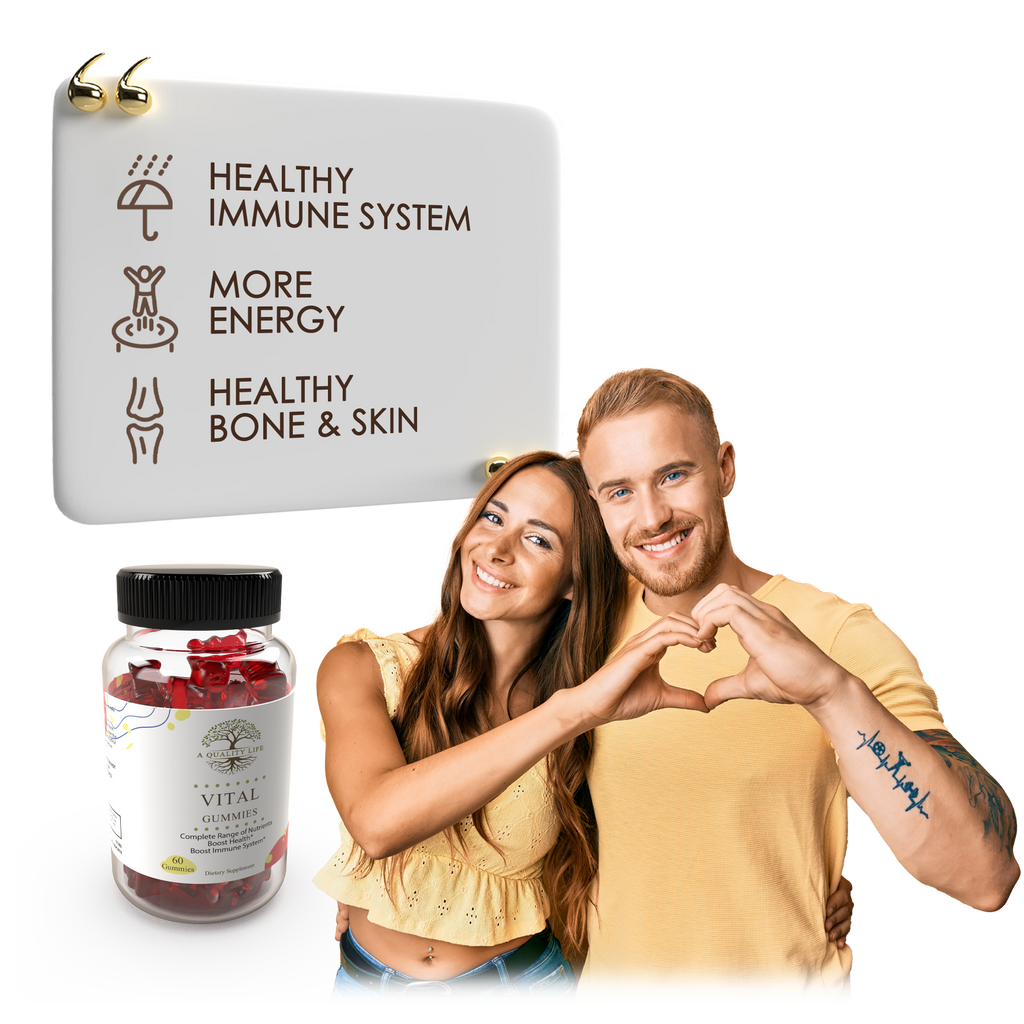 Couple making a heart shape with their hands, next to a bottle of supplements and a sign about health benefits.