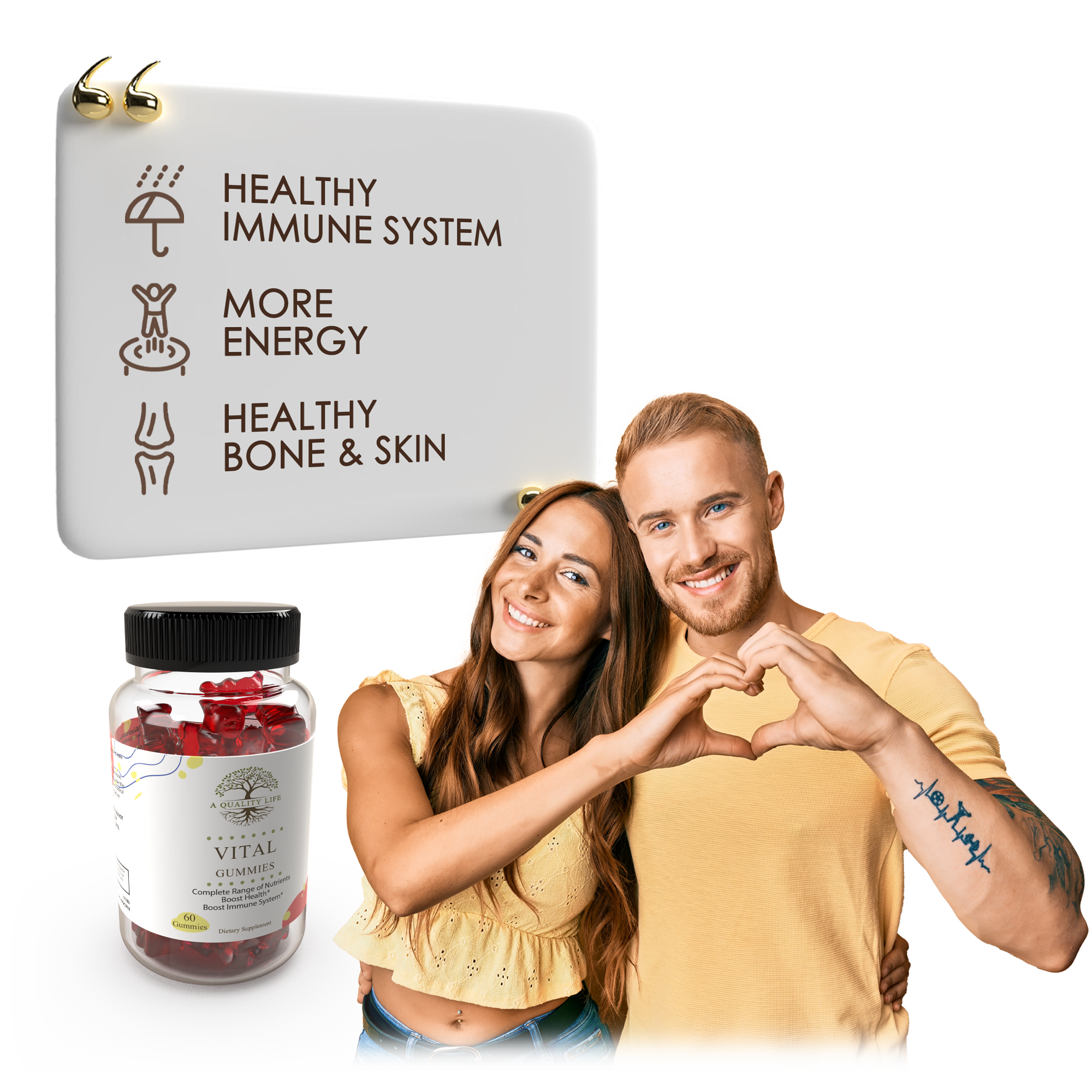 Couple making a heart shape with their hands, next to a bottle of supplements and a sign about health benefits.