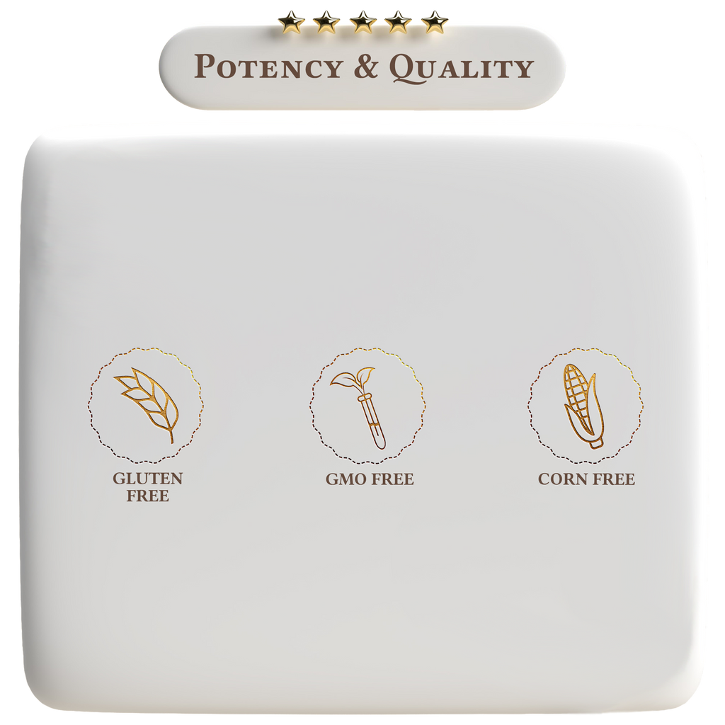 Product packaging with 'Potency & Quality' label and icons for gluten-free, GMO-free, and corn-free certification on a white background.