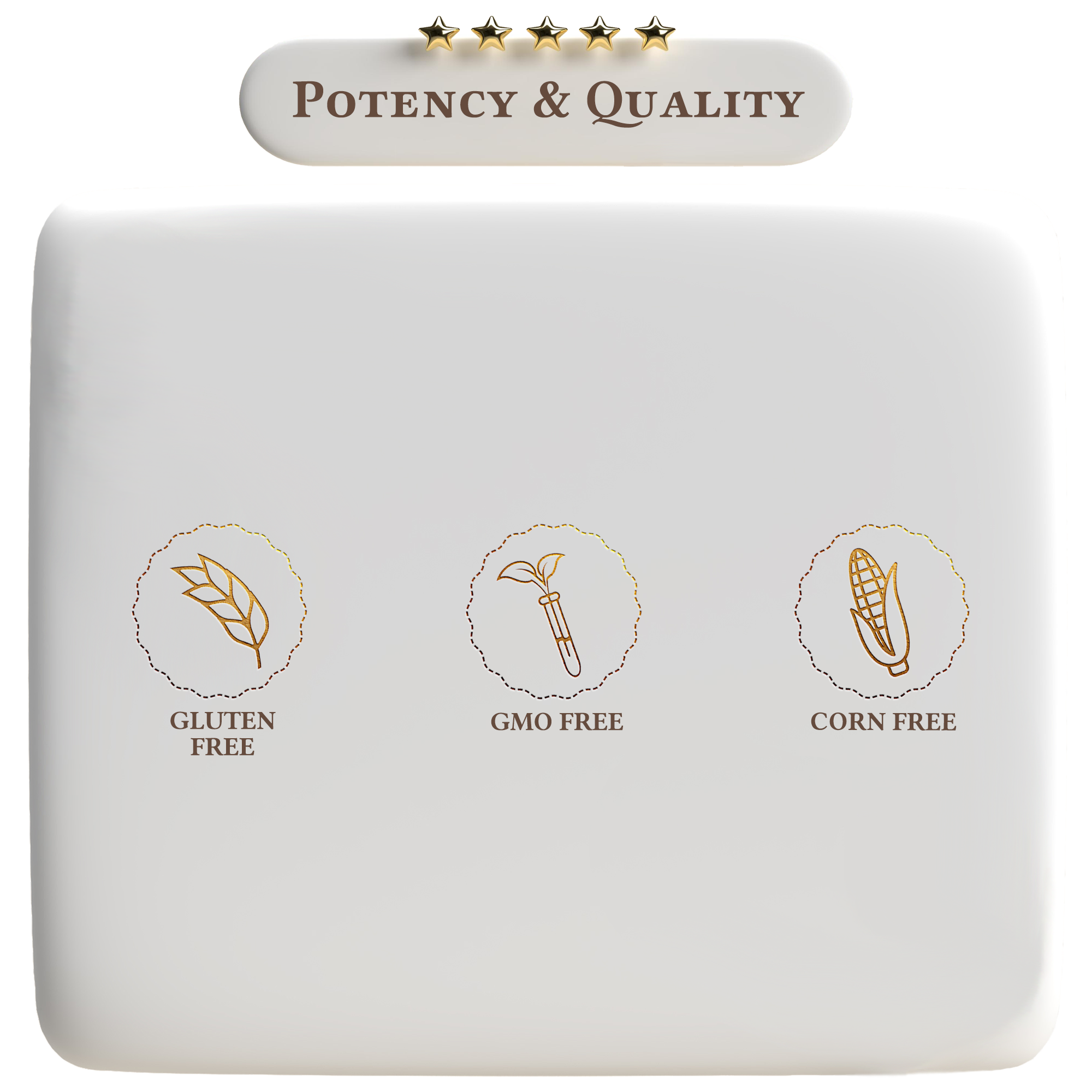 Product packaging with 'Potency & Quality' label and icons for gluten-free, GMO-free, and corn-free certification on a white background.