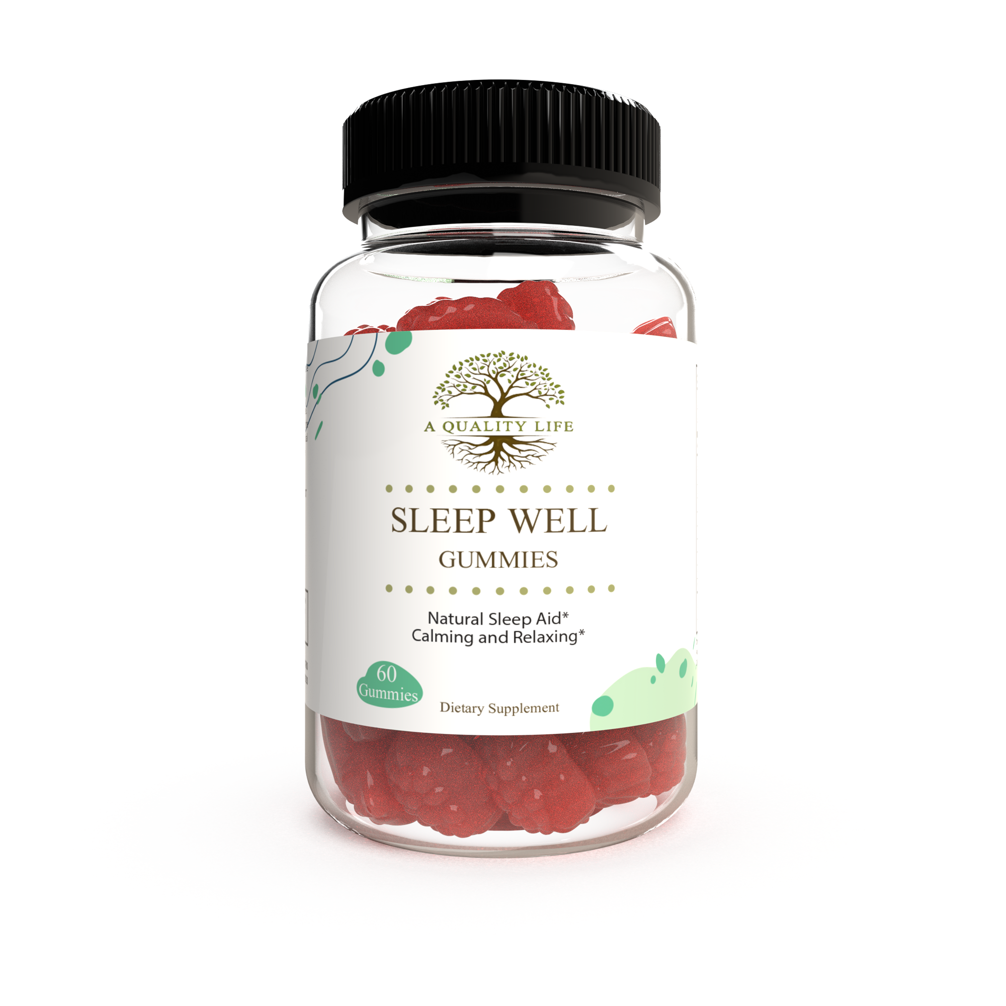 Jar of 'Sleep Well' gummies with a visible brand logo on a white background