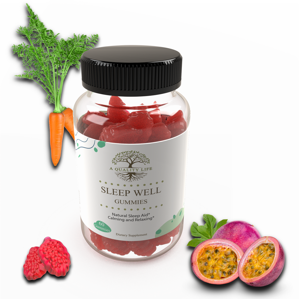 Jar of 'Sleep Well' gummies with a carrot, radish, and passion fruit on a white background