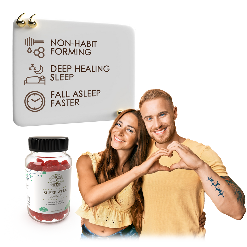 Couple with a jar of gummy bears and a sign about non-habit forming sleep aid on a white background