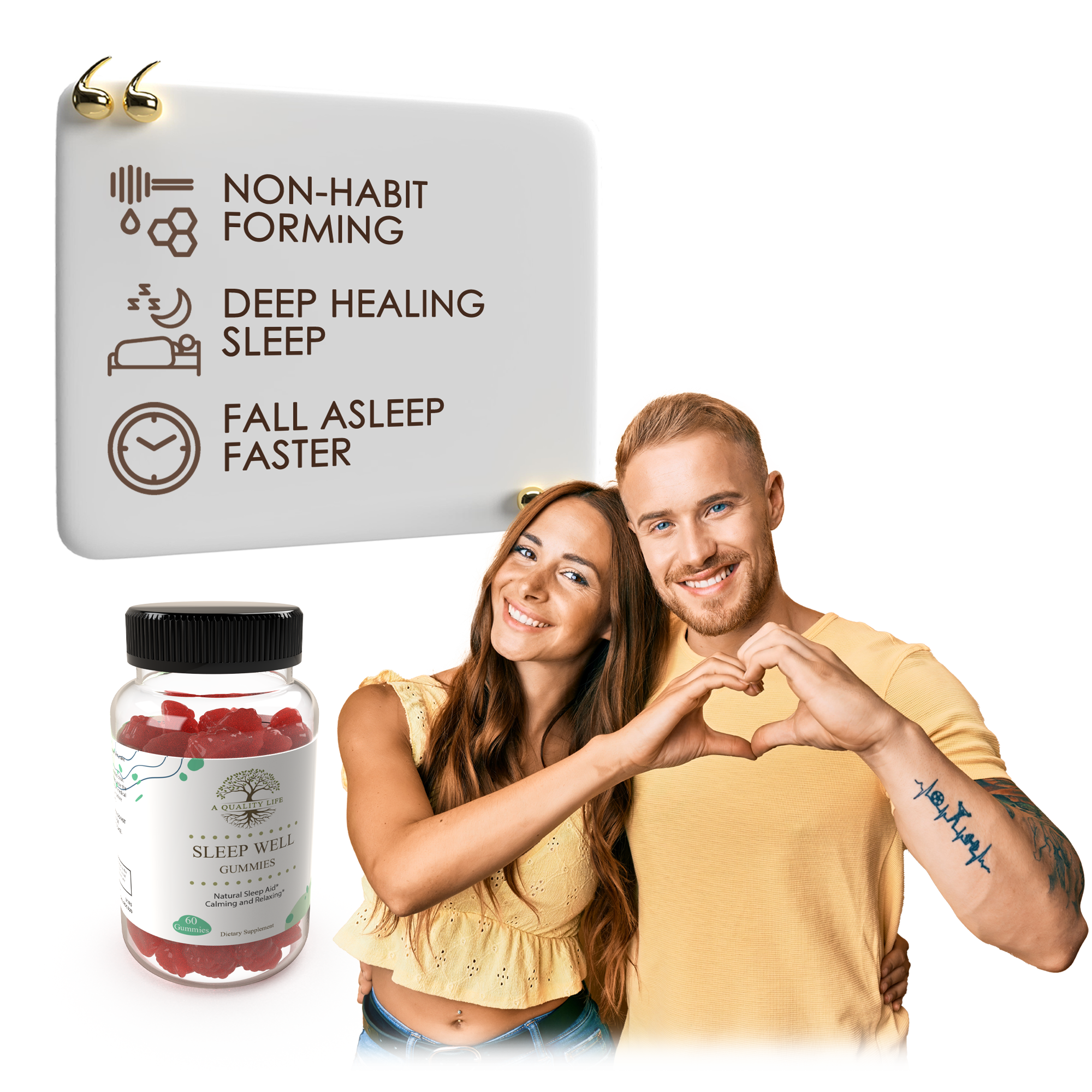 Couple with a jar of gummy bears and a sign about non-habit forming sleep aid on a white background