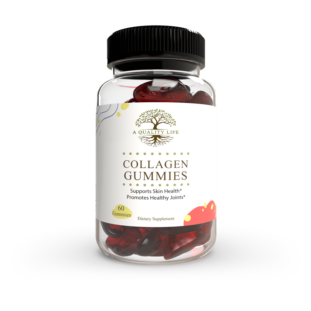 Jar of collagen gummies with a label on a white background