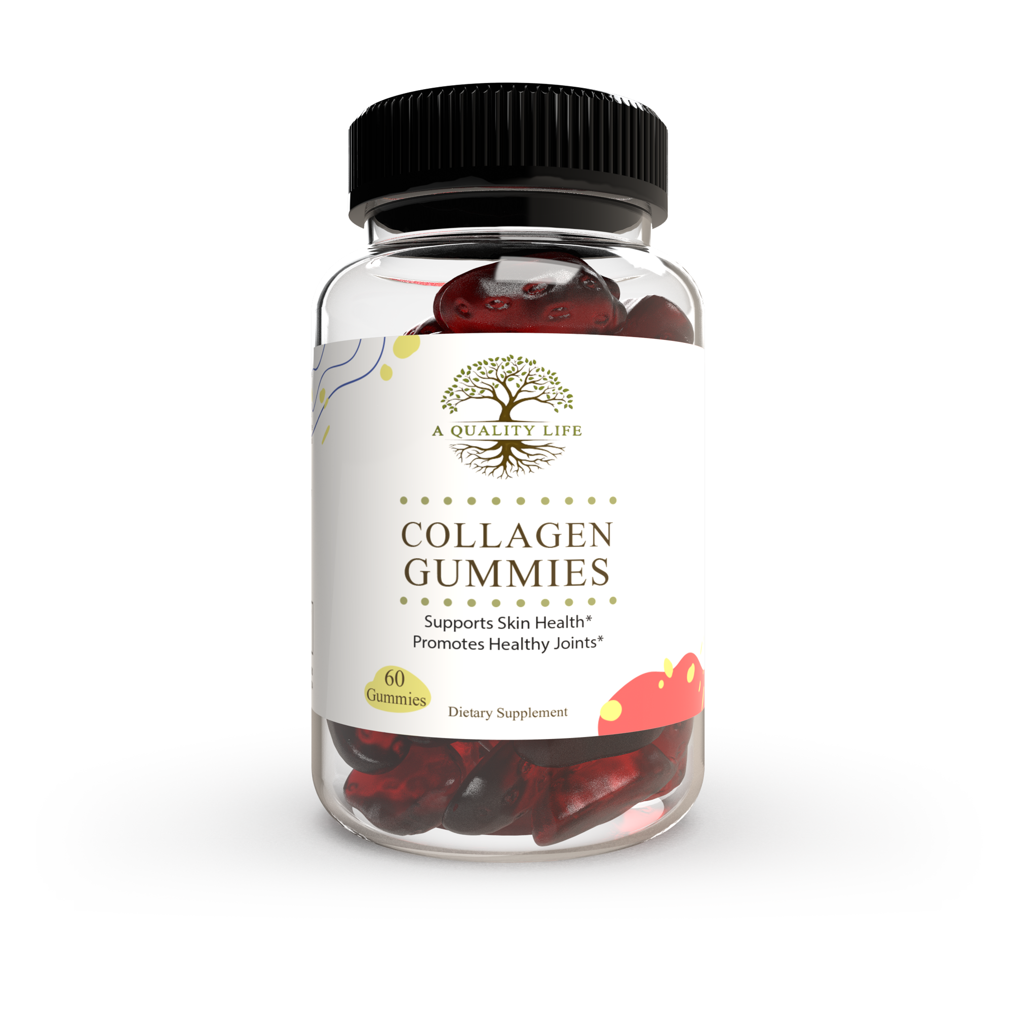 Jar of collagen gummies with a label on a white background