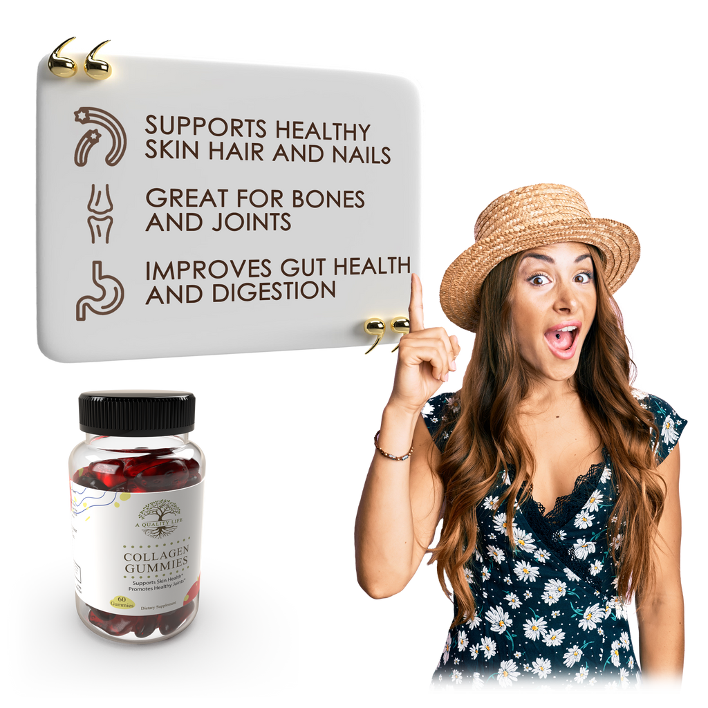 Woman pointing to a sign about the benefits of collagen gummies with a jar of collagen gummies below.