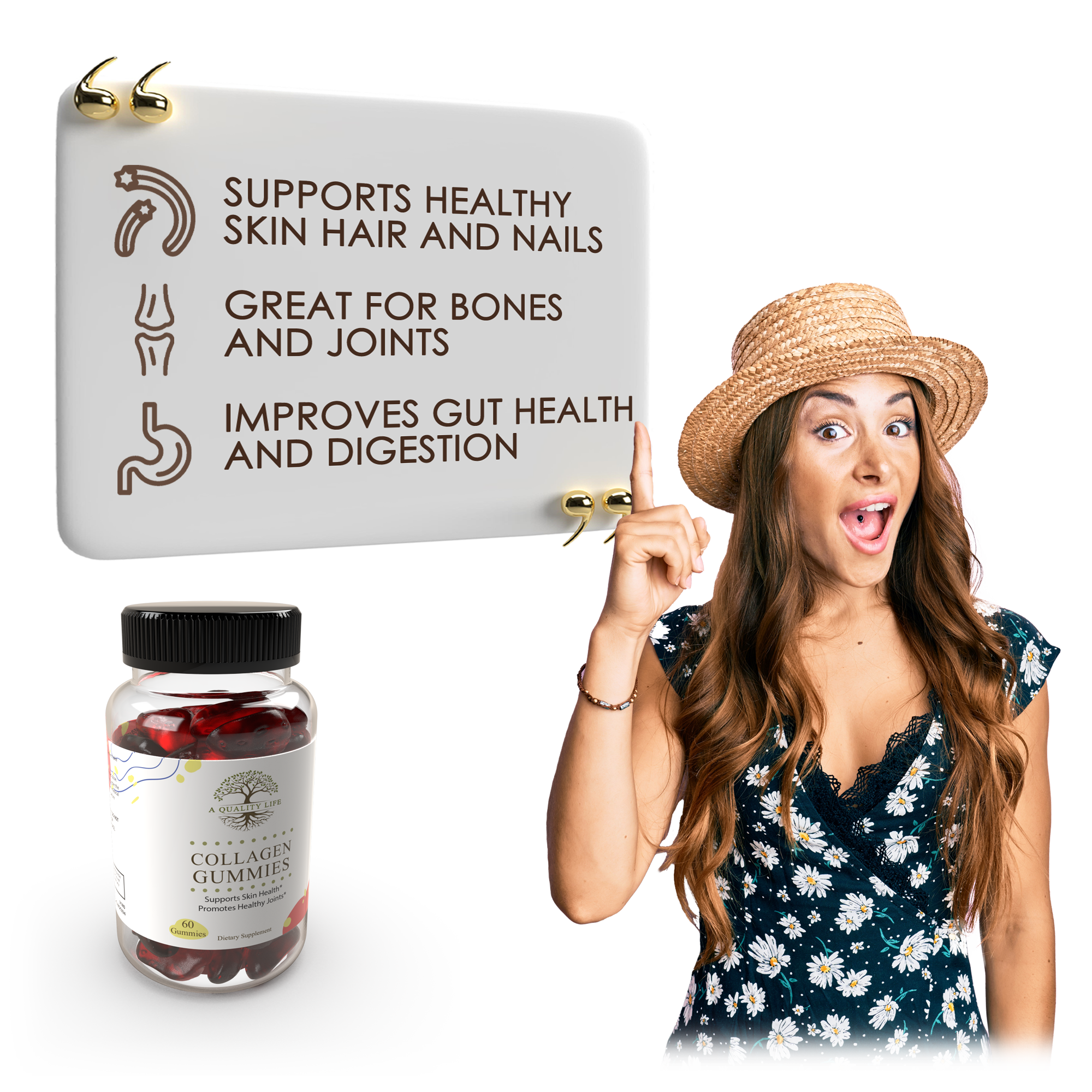 Woman pointing to a sign about the benefits of collagen gummies with a jar of collagen gummies below.
