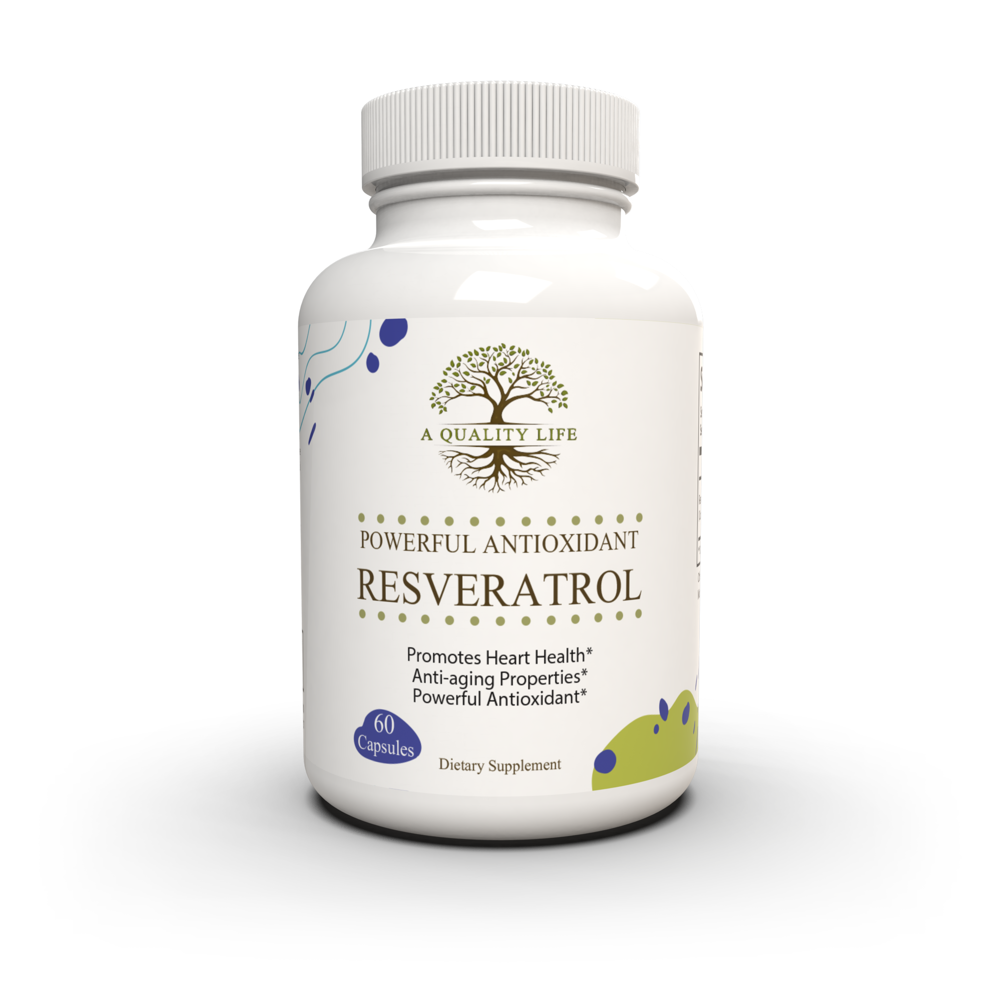 Supplement bottle labeled 'Resveratrol' on a white background