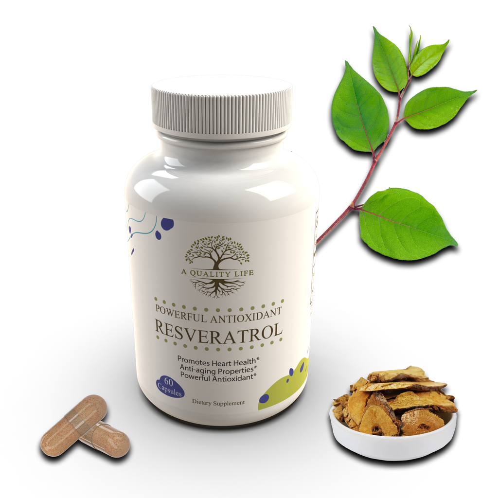 Supplement bottle labeled 'A Quality Life' with resveratrol, accompanied by a leaf and a bowl of cookies on a white background.