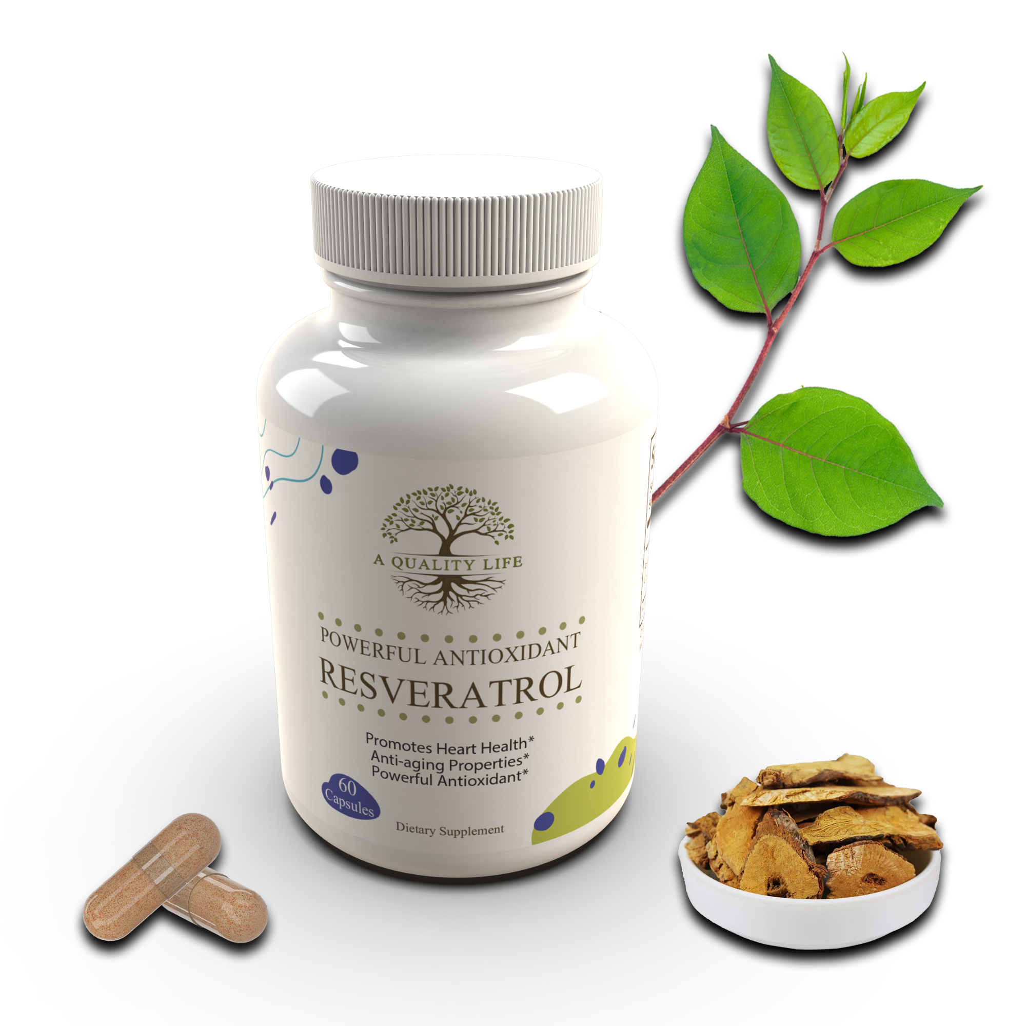 Supplement bottle labeled 'A Quality Life' with resveratrol, accompanied by a leaf and a bowl of cookies on a white background.
