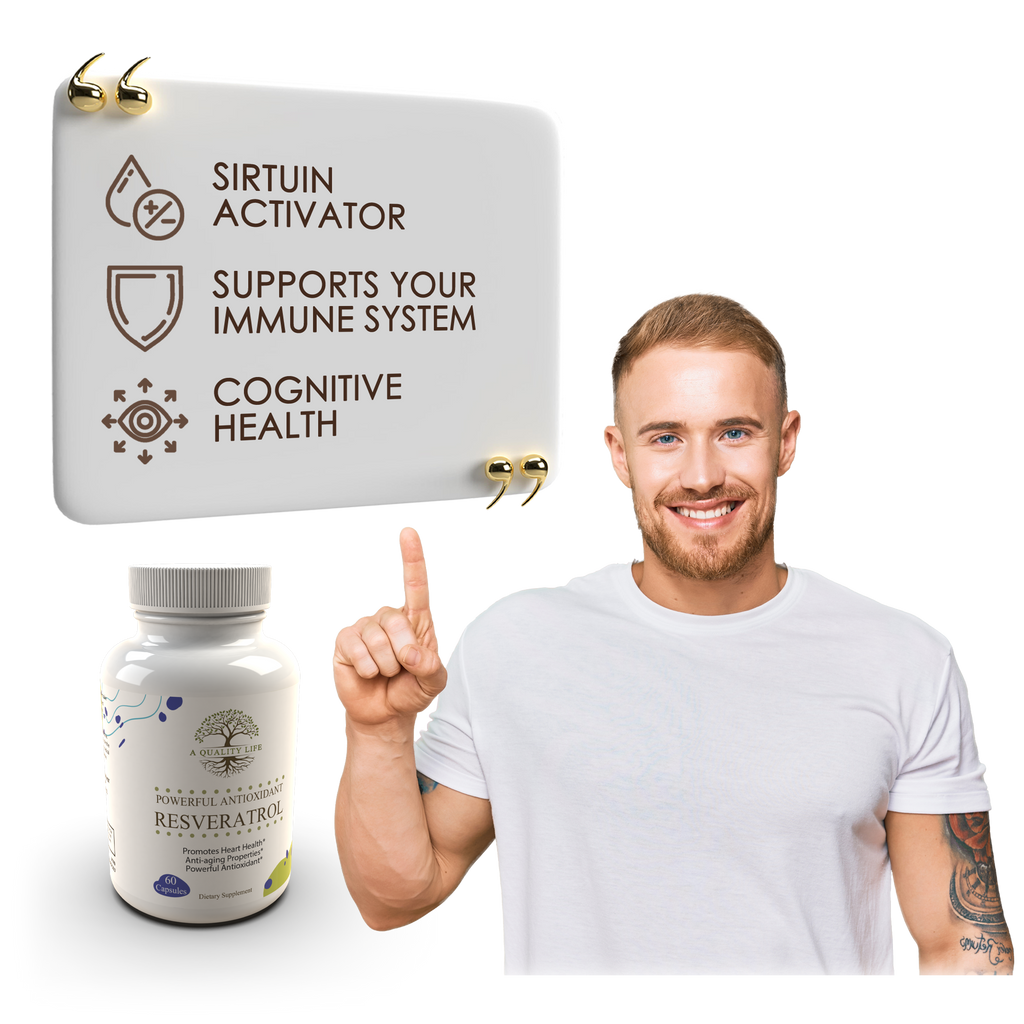 Man pointing to a Sirtuin Activator product with text about immune system support and cognitive health.