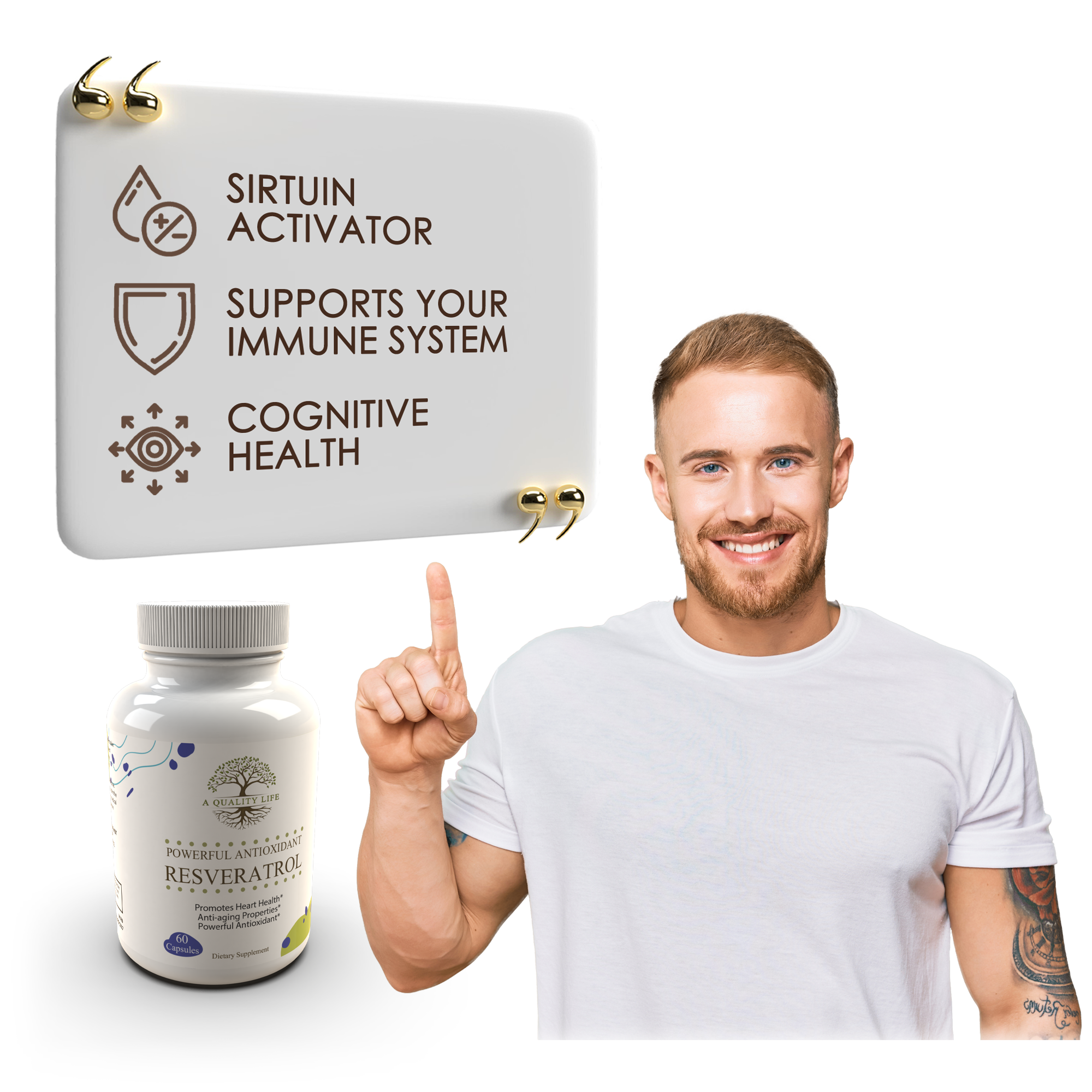 Man pointing to a Sirtuin Activator product with text about immune system support and cognitive health.