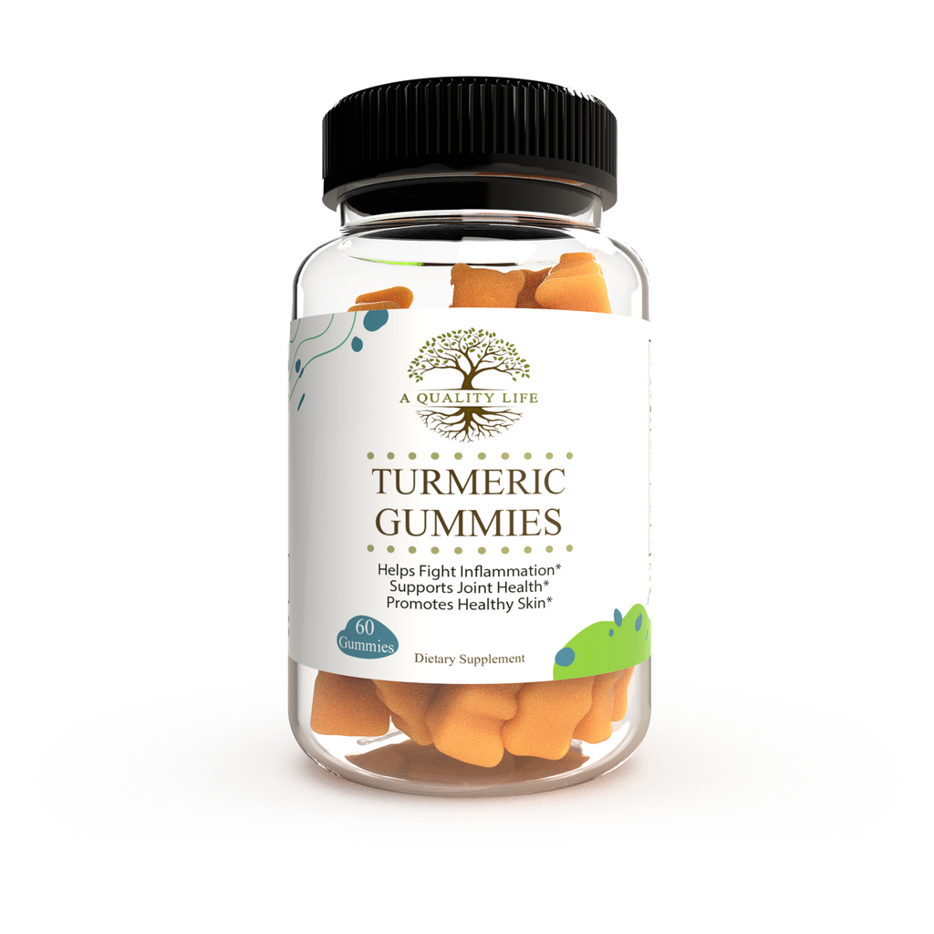 Bottle of Turmeric Gummies with a white label on a white background