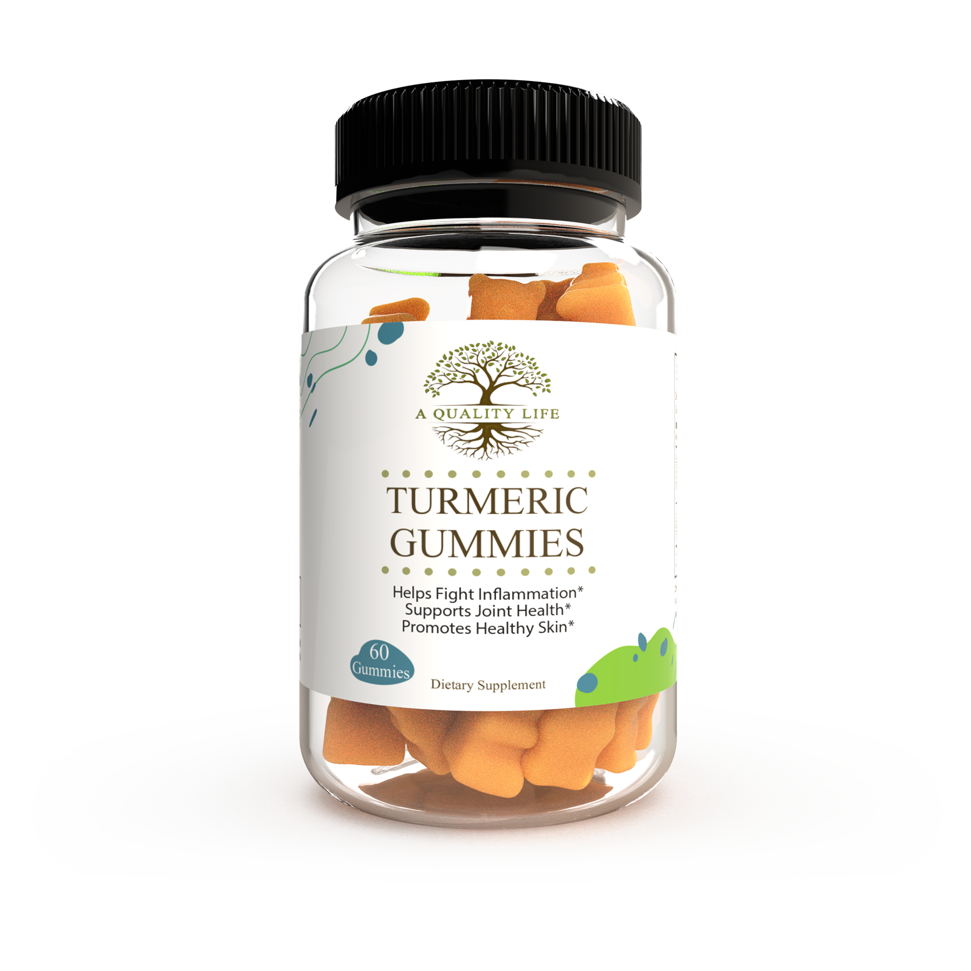 Bottle of Turmeric Gummies with a white label on a white background