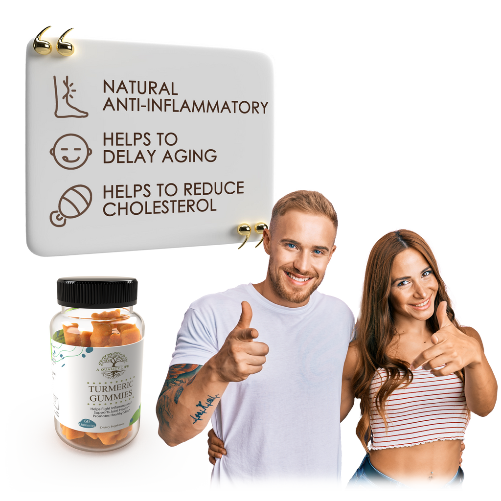 Turmeric gummies with a man and woman giving thumbs up, and a sign about health benefits on a white background.
