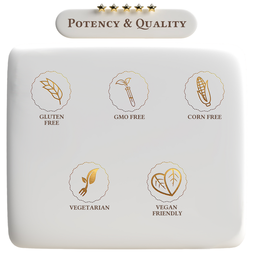 Product packaging with icons and text indicating 'Potency & Quality' and various dietary freedom claims.