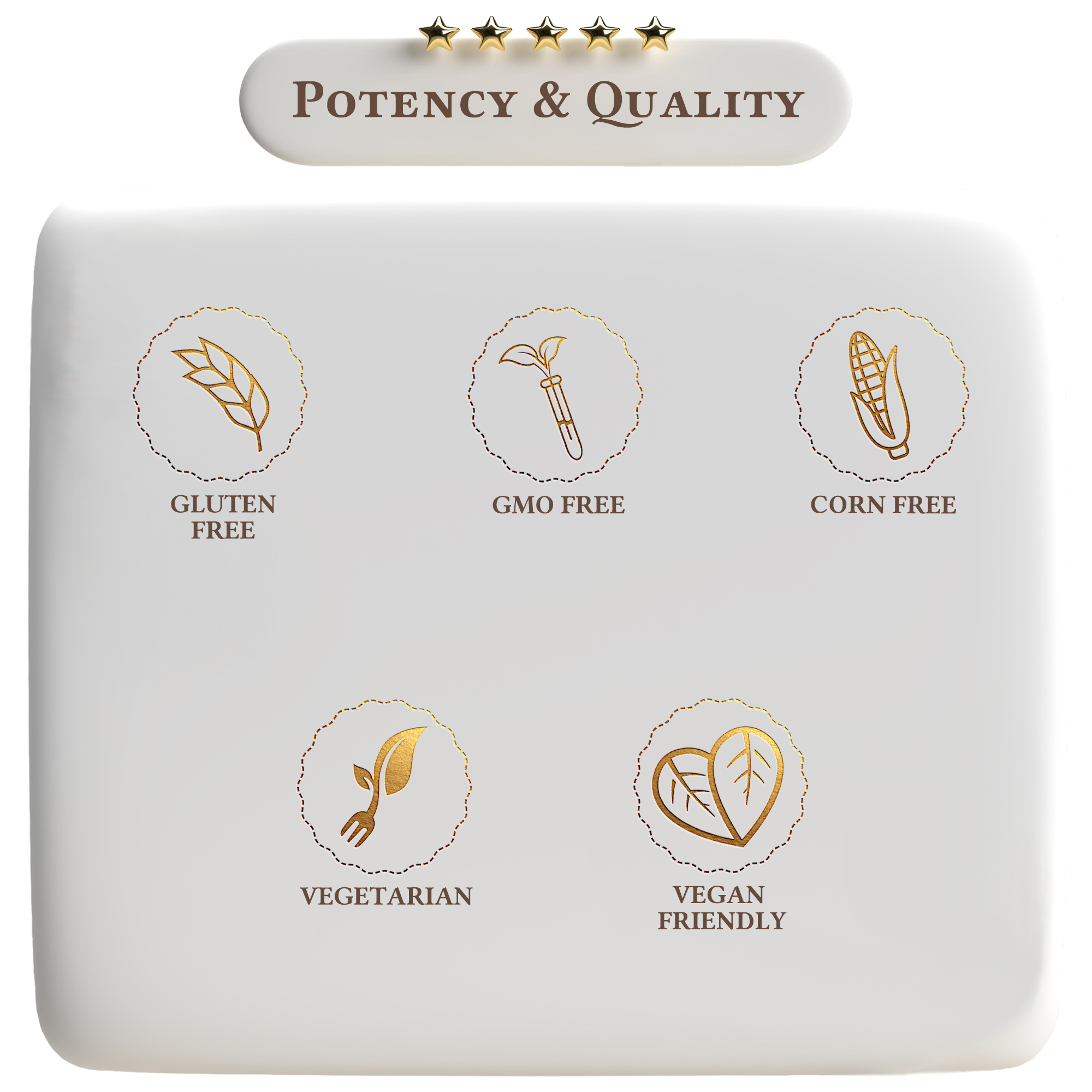 Product packaging with icons and text indicating 'Potency & Quality' and various dietary freedom claims.