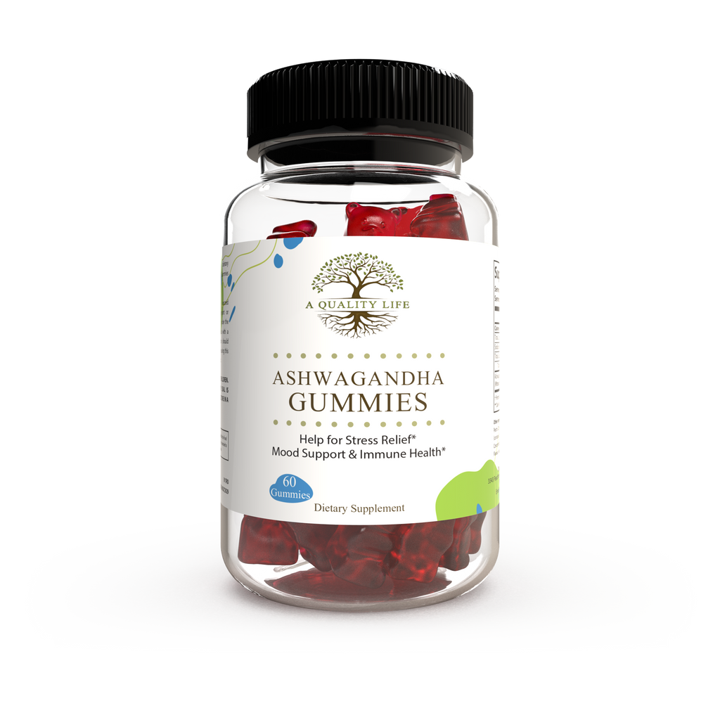 Bottle of Ashwagandha gummies with a white background