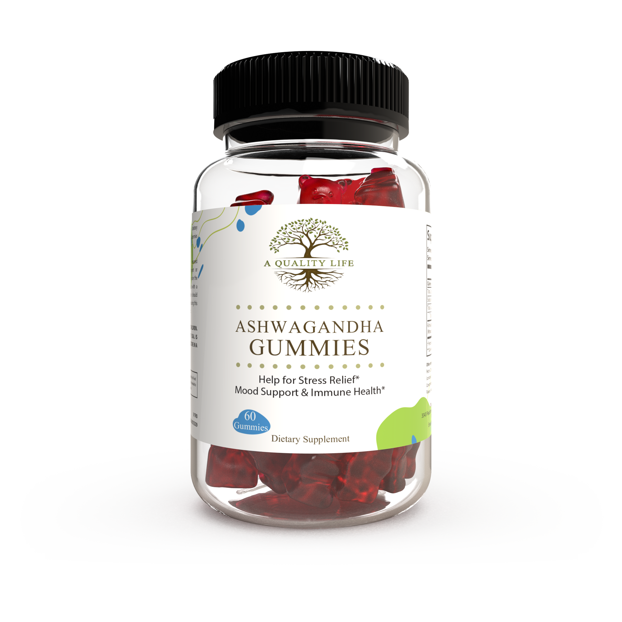 Bottle of Ashwagandha gummies with a white background