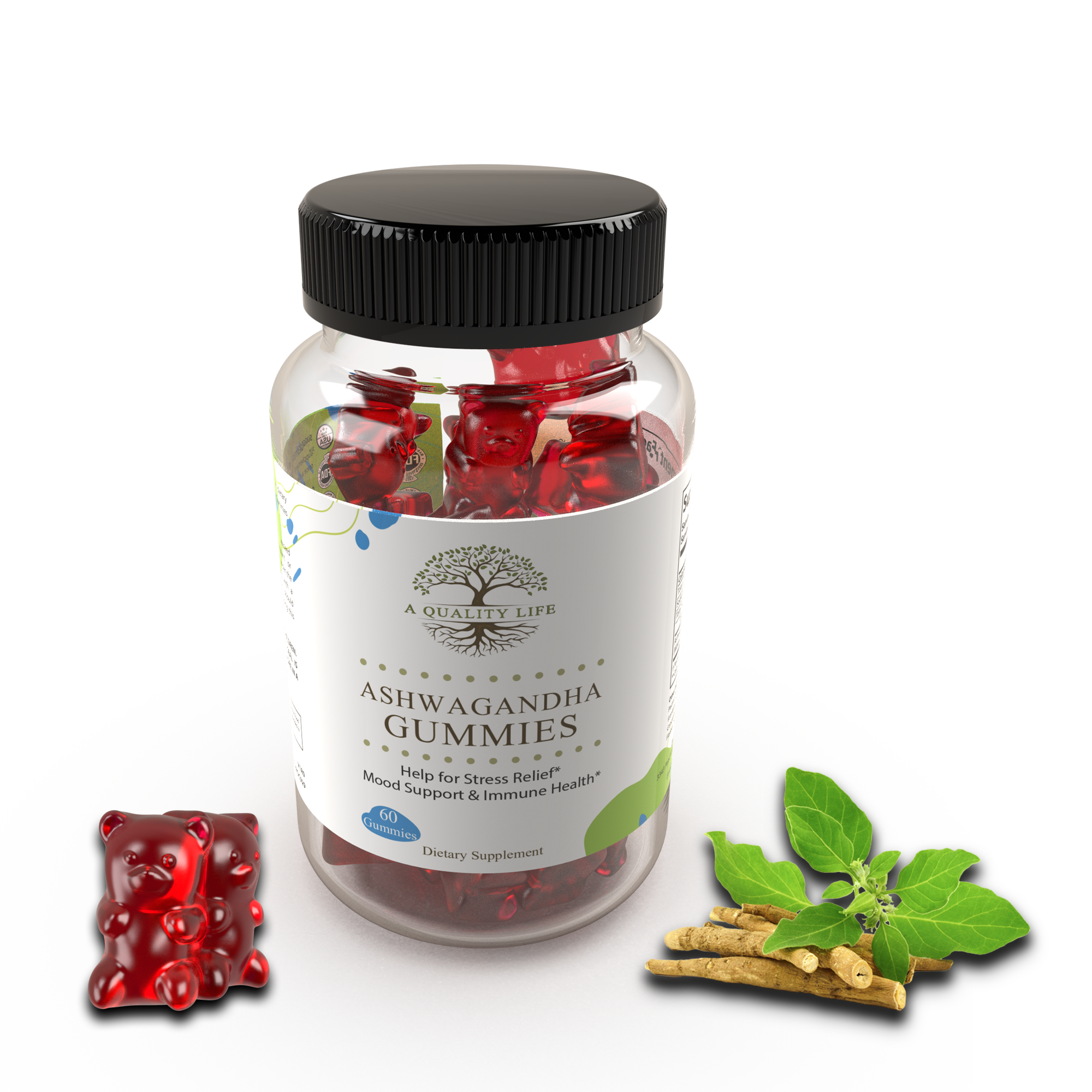 Jar of Ashwagandha gummies with a black lid on a white background