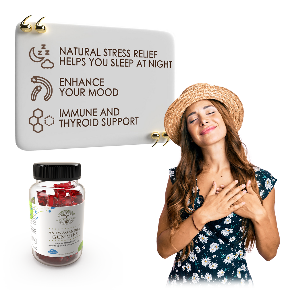 Woman with a hat, bottle of gummies, and sign about natural stress relief and health benefits on a white background