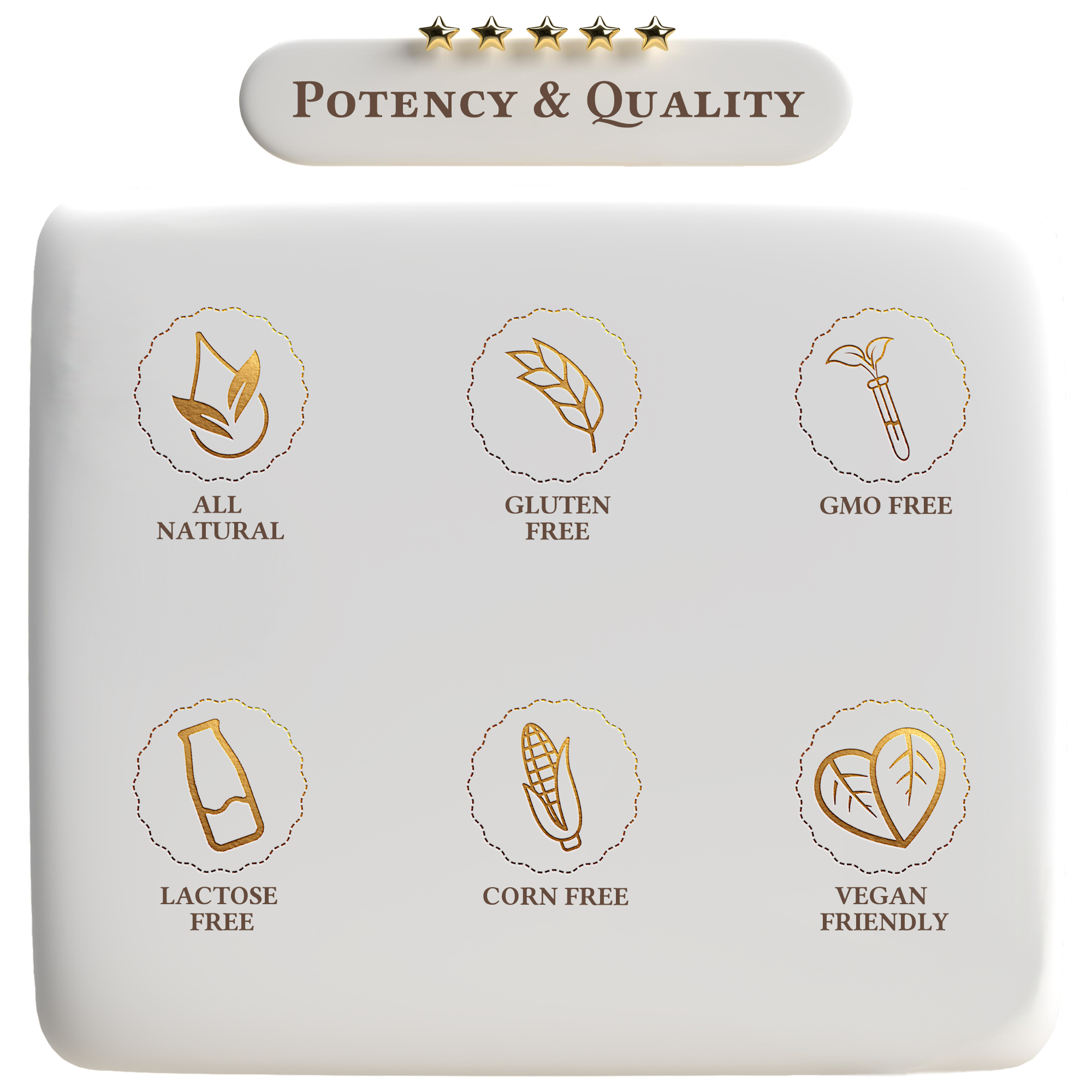 Product packaging with icons and text indicating 'All Natural', 'Gluten Free', 'GMO Free', 'Lactose Free', 'Corn Free', and 'Vegan Friendly'.