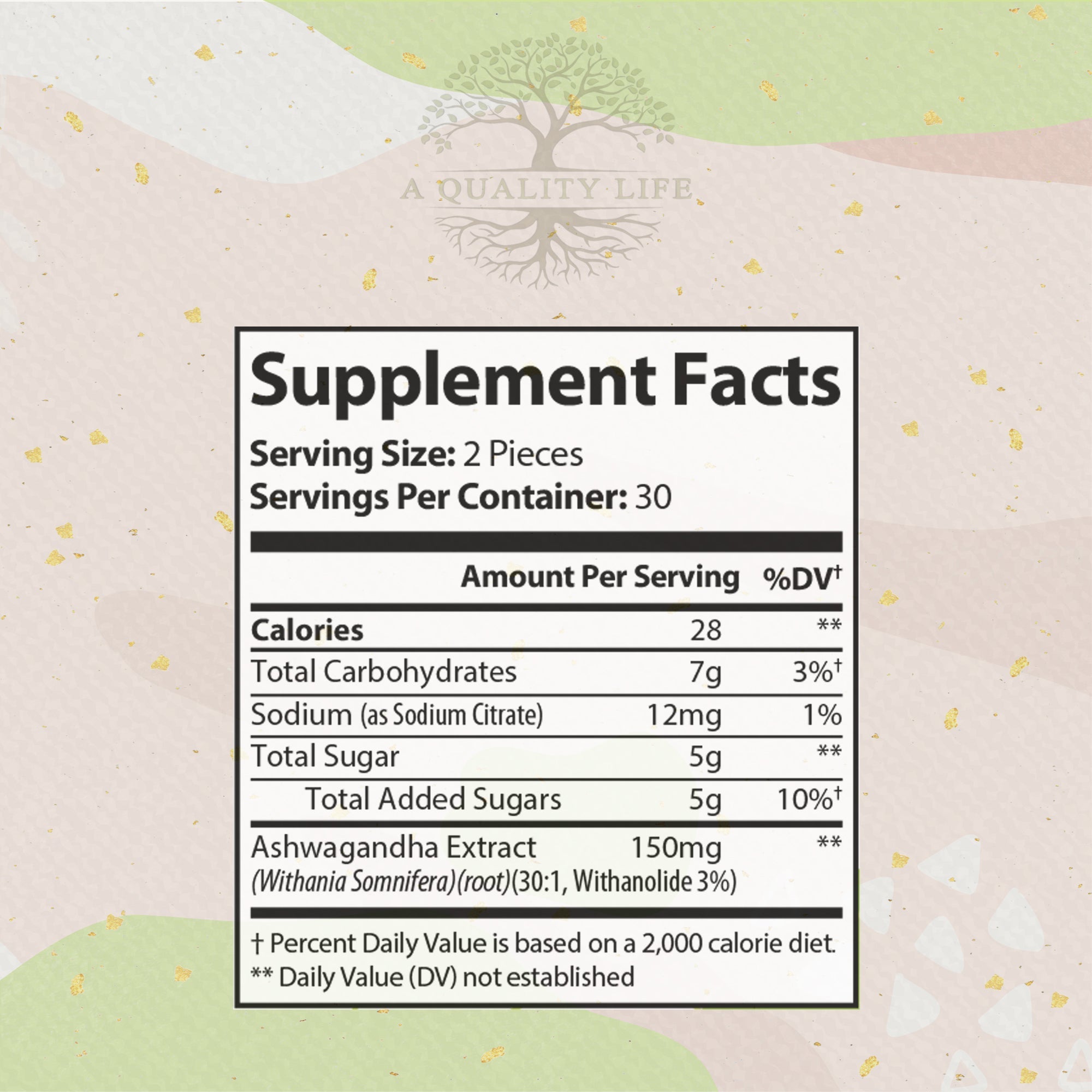 Supplement facts label on a decorative background with 'A Quality Life' branding.