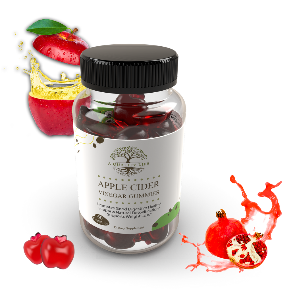 Bottle of Apple Cider Vinegar Gummies with apple and pomegranate graphics on a white background