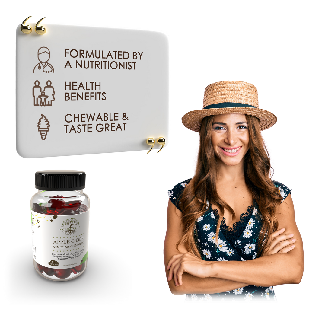 Woman wearing a straw hat with a jar of chewable vitamins and a sign about health benefits on a white background.