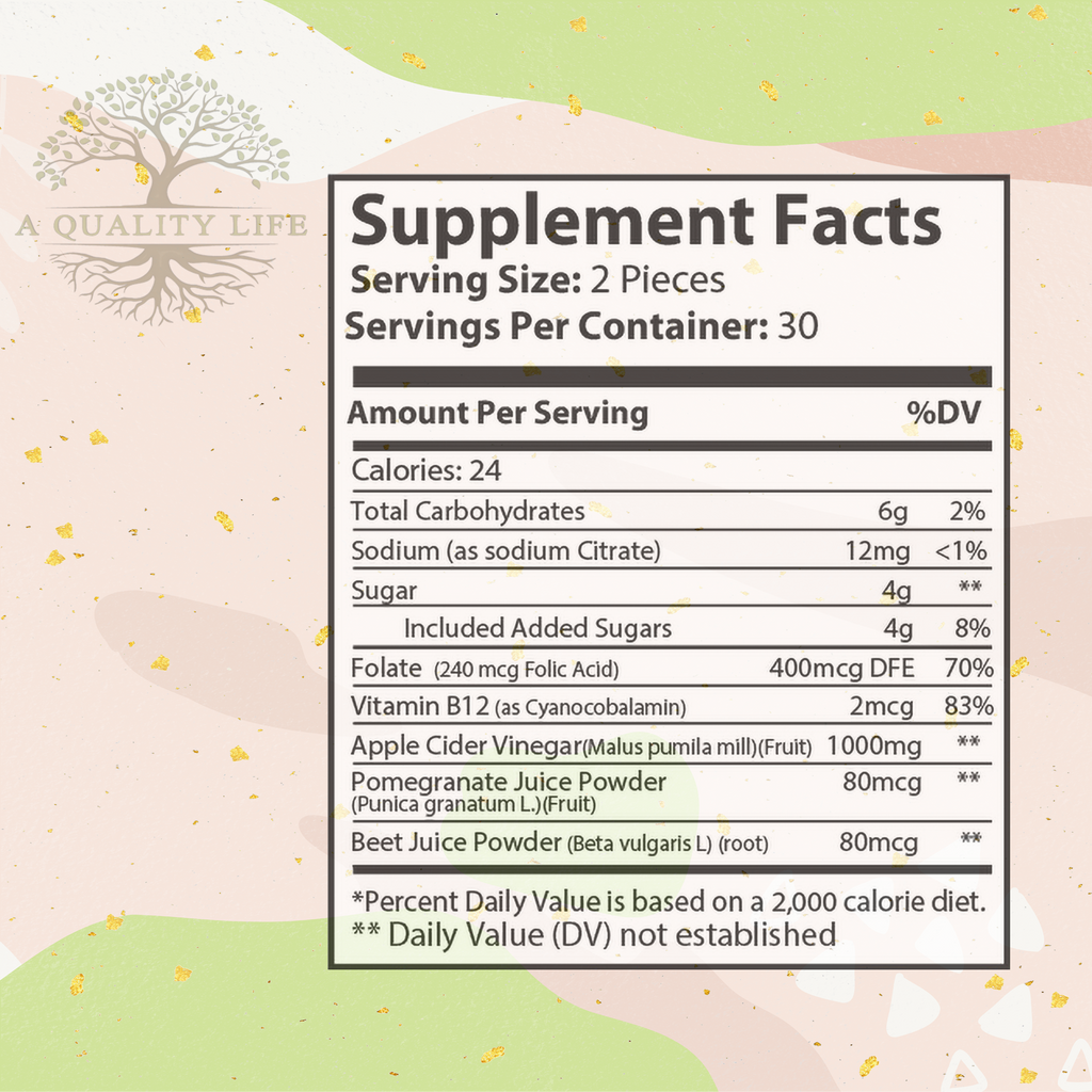 Supplement facts label with a brand logo on a light background