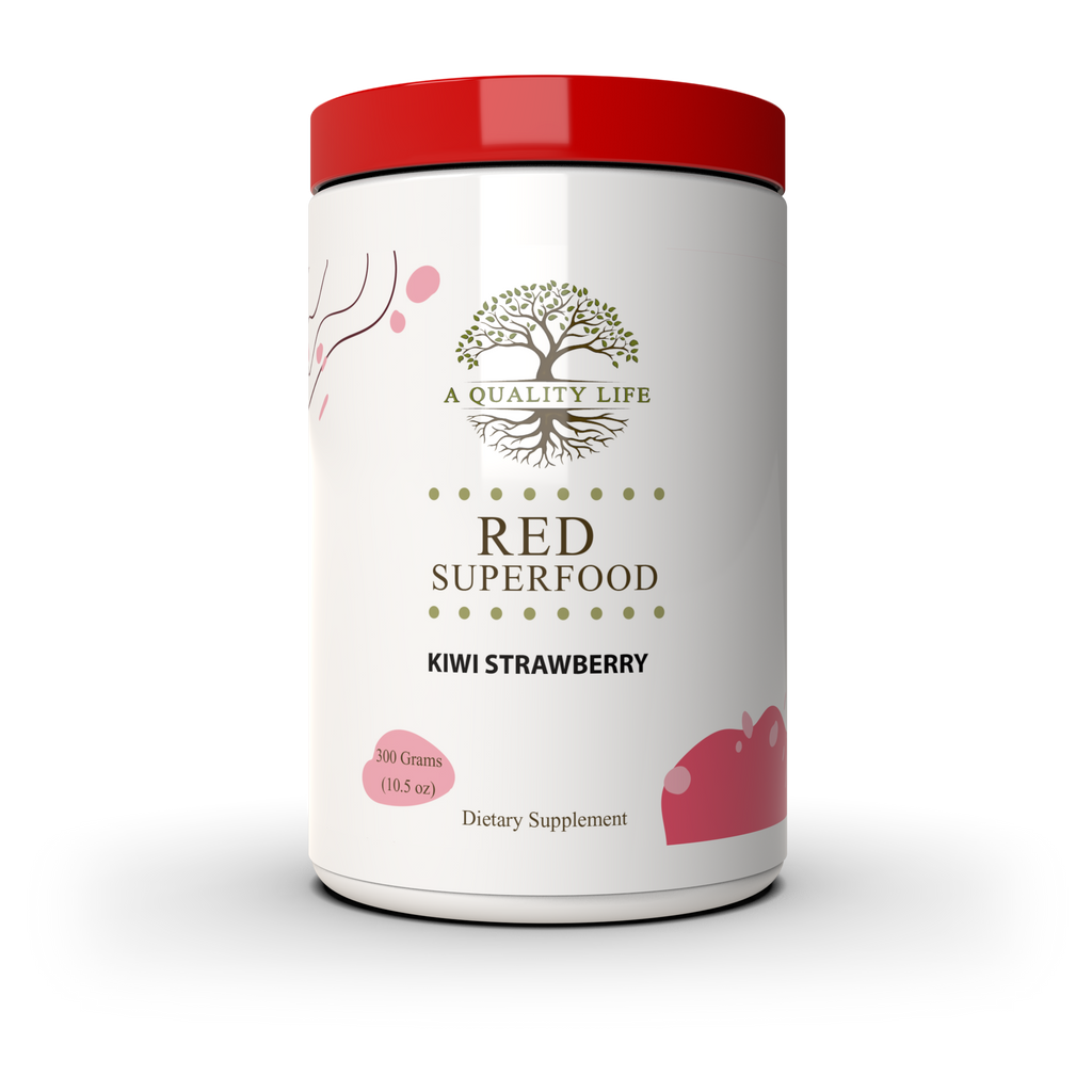 Dietary supplement container labeled 'Red Superfood Kiwi Strawberry' by 'A Quality Life' on a white background.