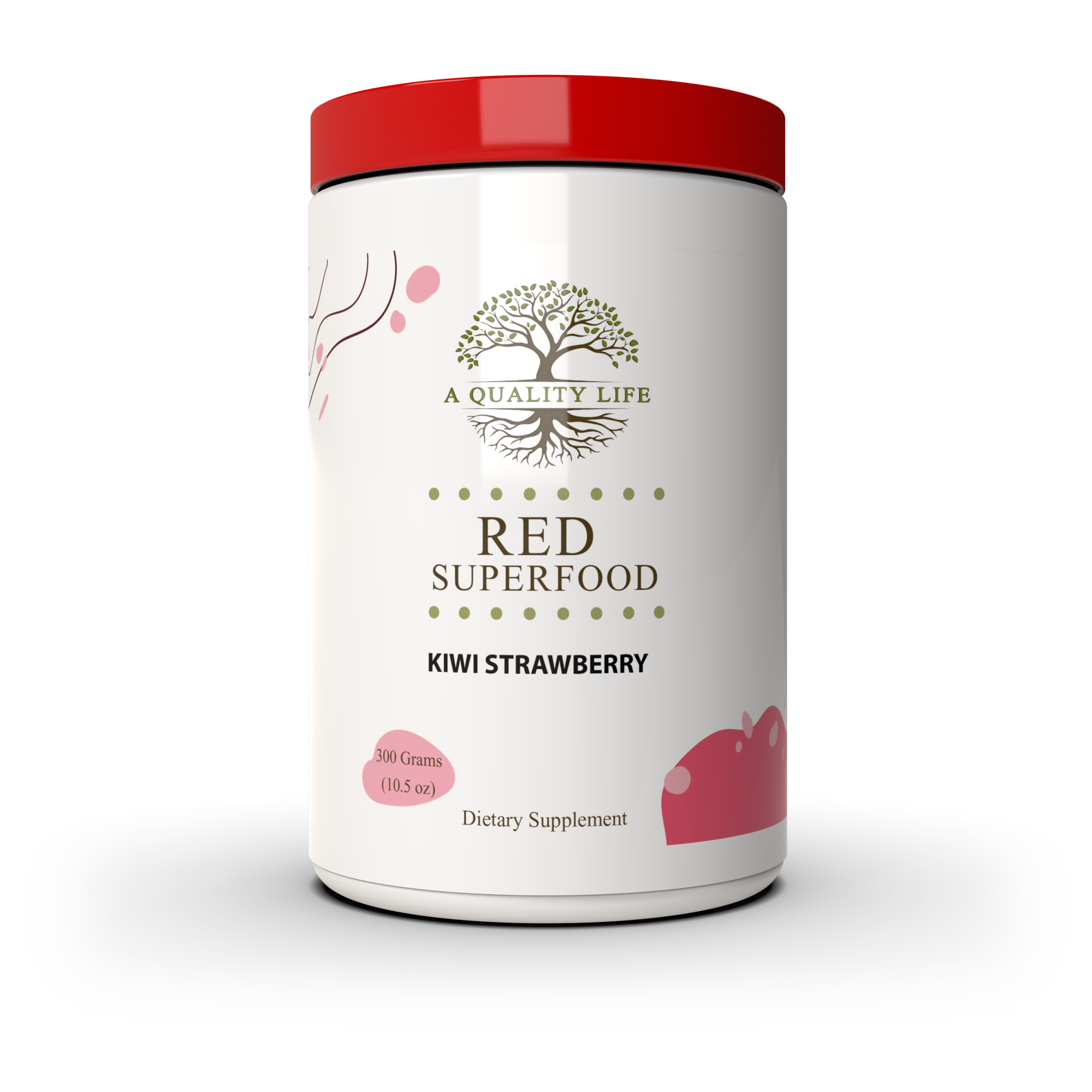 Dietary supplement container labeled 'Red Superfood Kiwi Strawberry' by 'A Quality Life' on a white background.