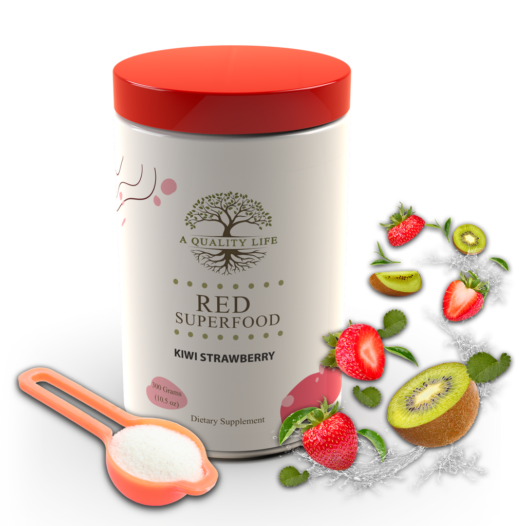 Dietary supplement container with red lid and 'Red Superfood' label, surrounded by kiwi and strawberry illustrations.