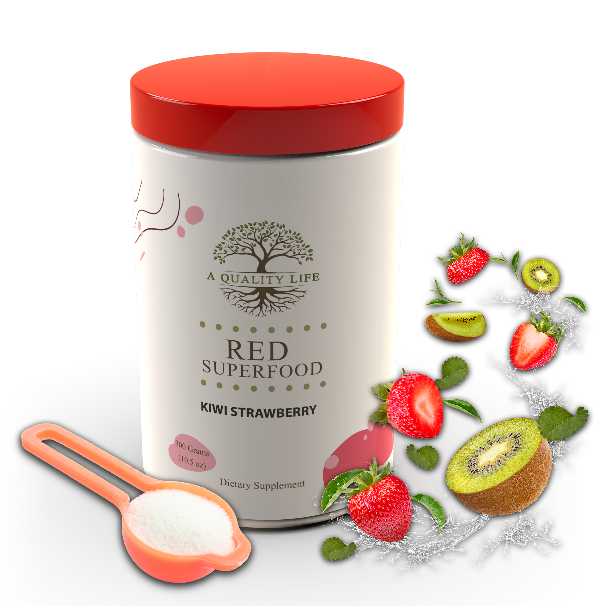 Dietary supplement container with red lid and 'Red Superfood' label, surrounded by kiwi and strawberry illustrations.