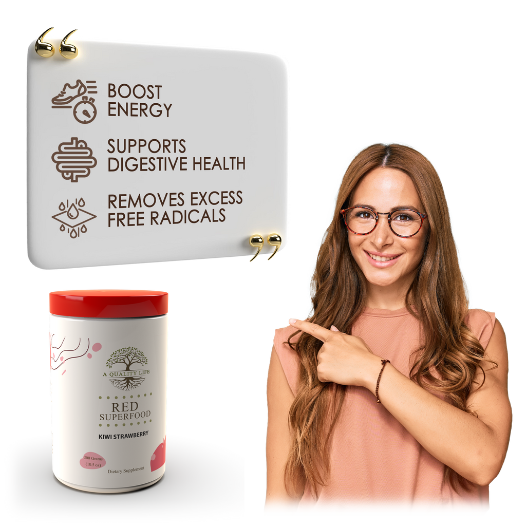 Woman with long hair and glasses next to a container labeled 'Red Superfood' and a sign about health benefits.
