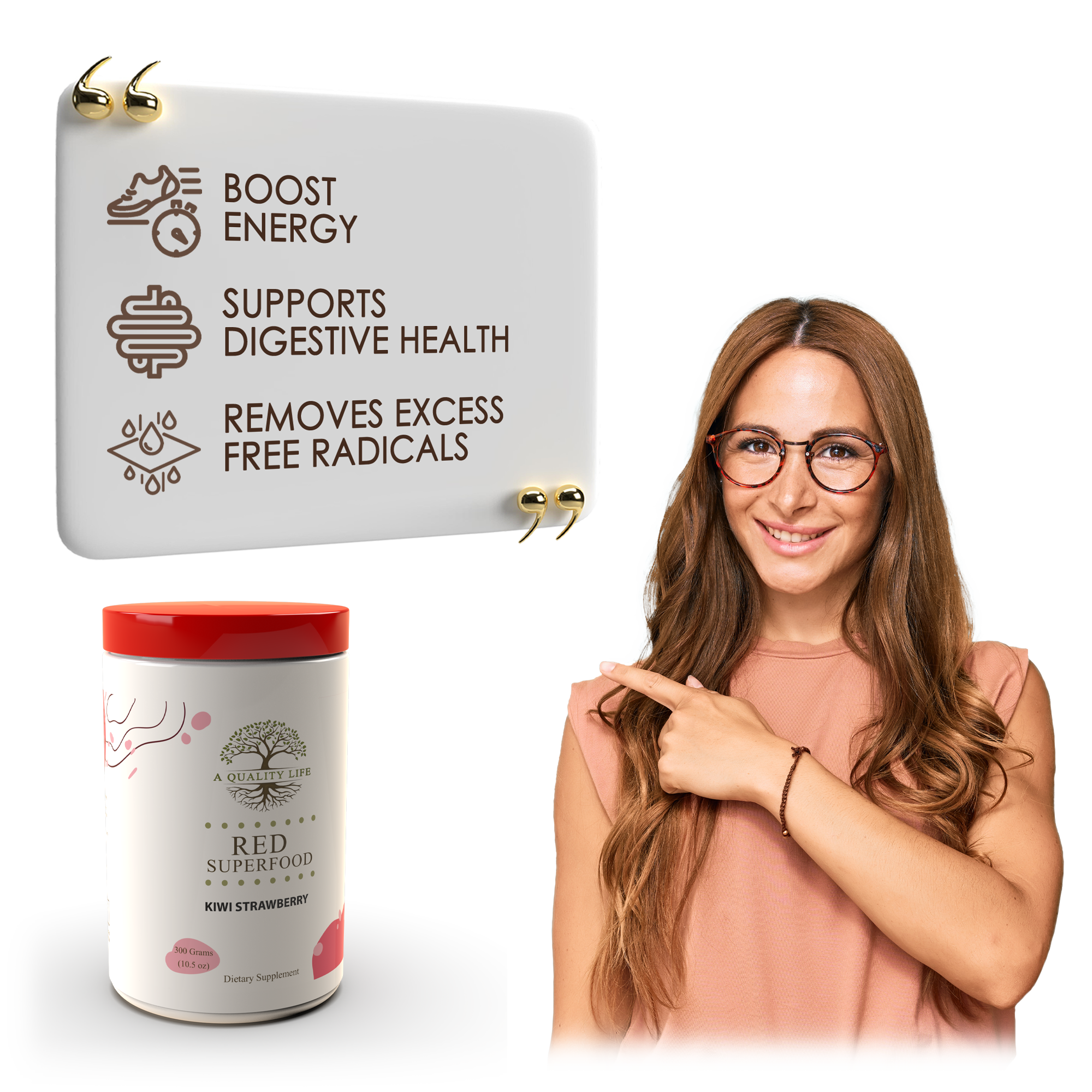 Woman with long hair and glasses next to a container labeled 'Red Superfood' and a sign about health benefits.
