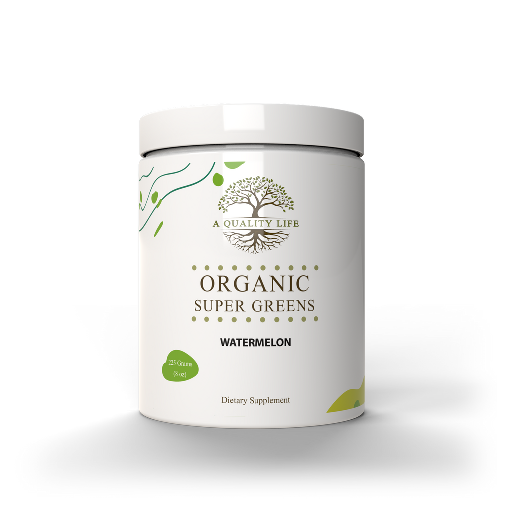 Dietary supplement container labeled 'Organic Super Greens Watermelon' on a white background