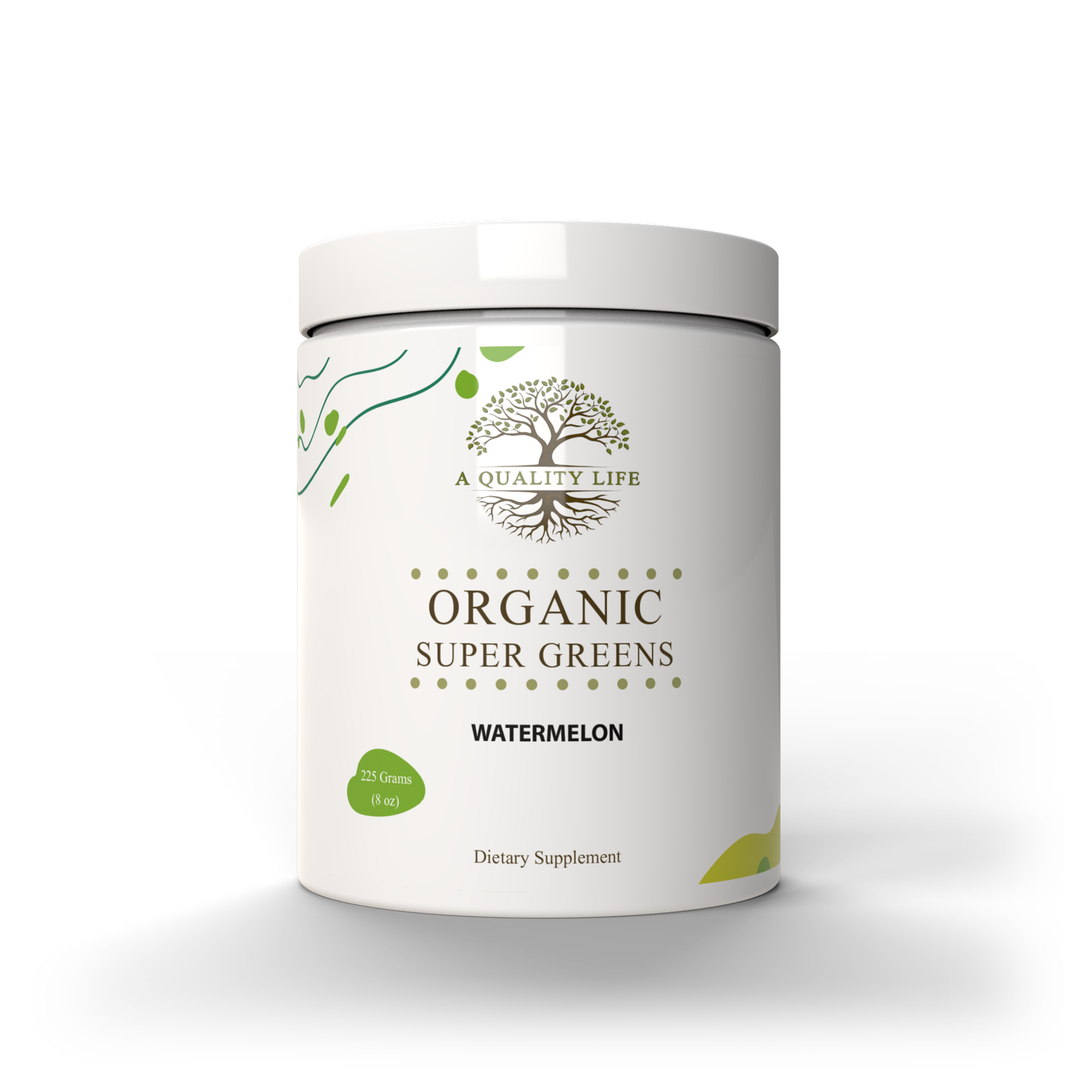 Dietary supplement container labeled 'Organic Super Greens Watermelon' on a white background