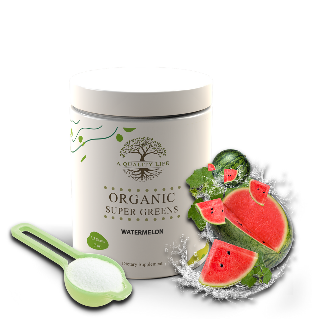 Dietary supplement container labeled 'Organic Super Greens Watermelon' with a scoop and watermelon illustration on a white background.