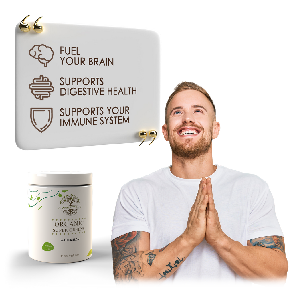 Man with tattoos and a white shirt next to a container of organic super greens and a sign about health benefits.