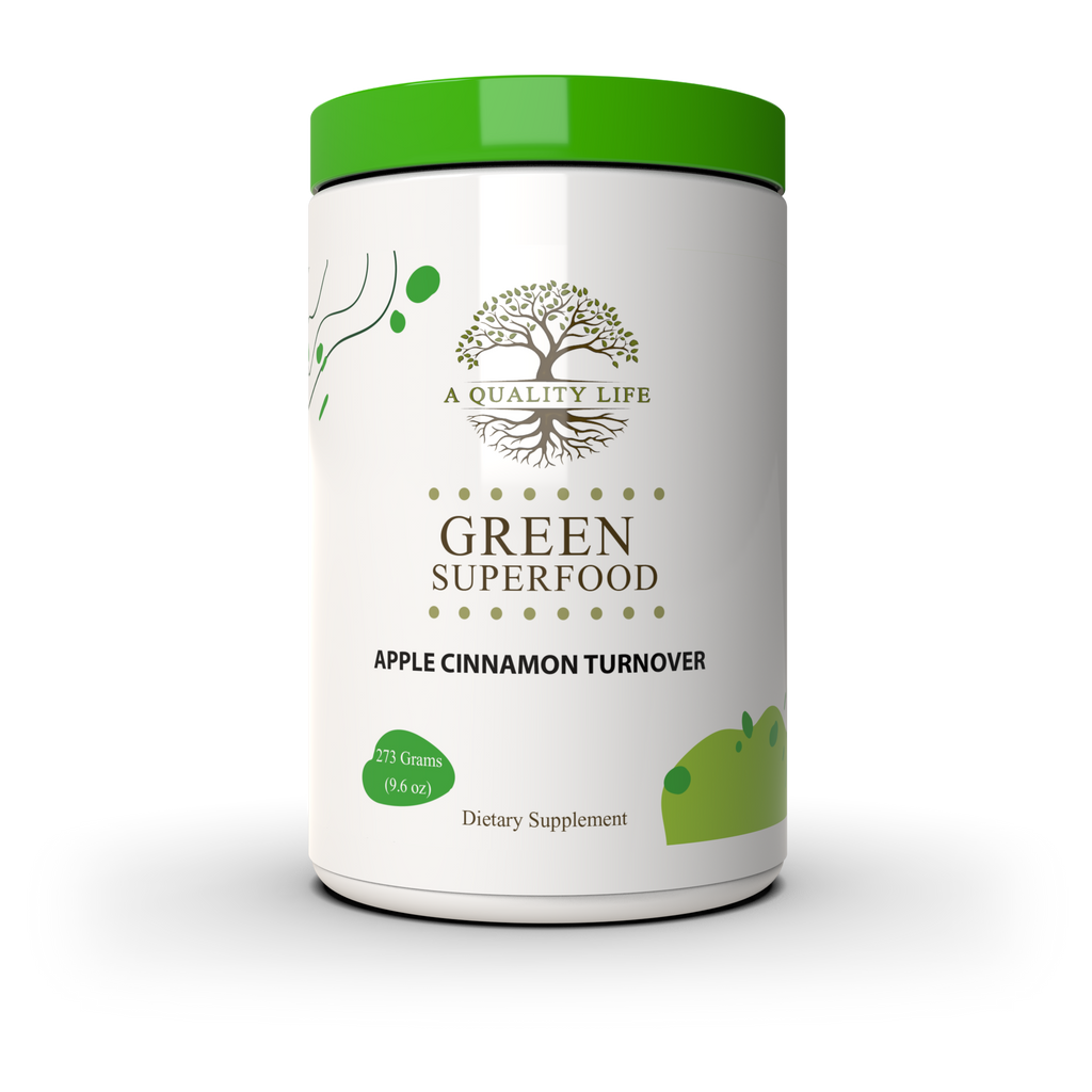 Green superfood supplement container with a white label on a white background