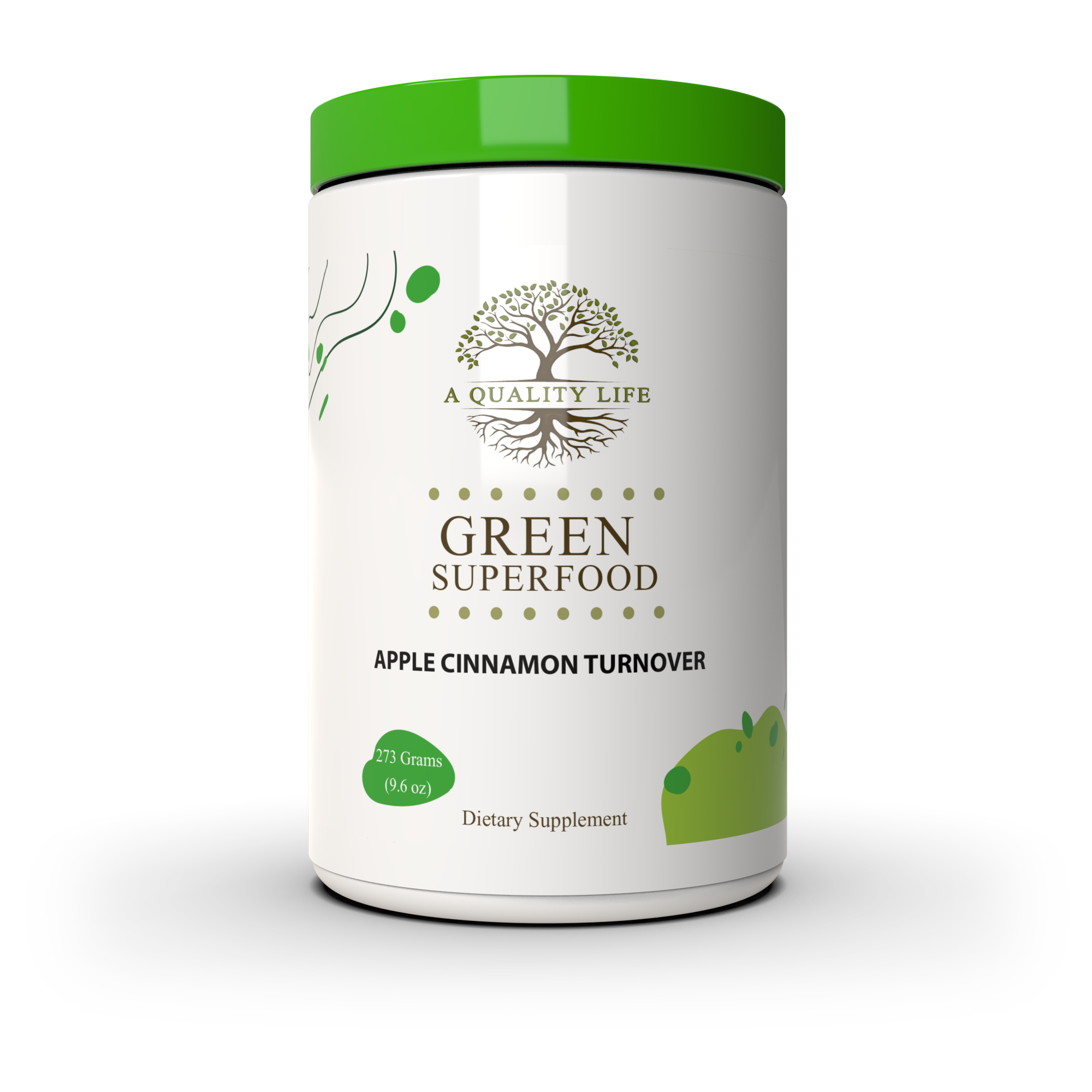Green superfood supplement container with a white label on a white background